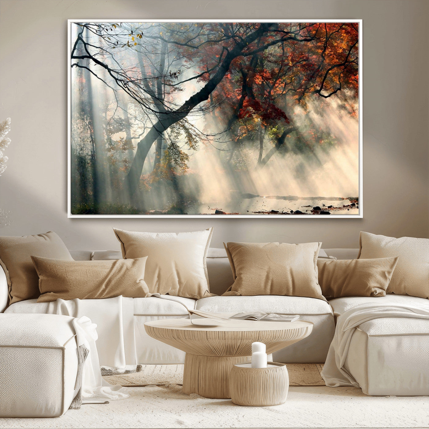 -Sunlit Autumn Forest Wall Art Canvas Print – Framed Mist Trees Scene with Peaceful Rays Artwork for Home, Office