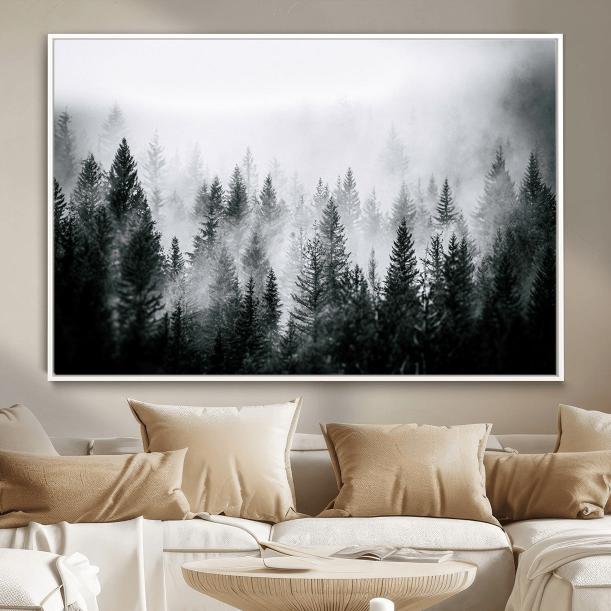 MGV-FC-36X24 - Foggy Pine Forest Canvas Wall Art, Horizontal Black and White Nature Landscape Print for Modern Home Decor