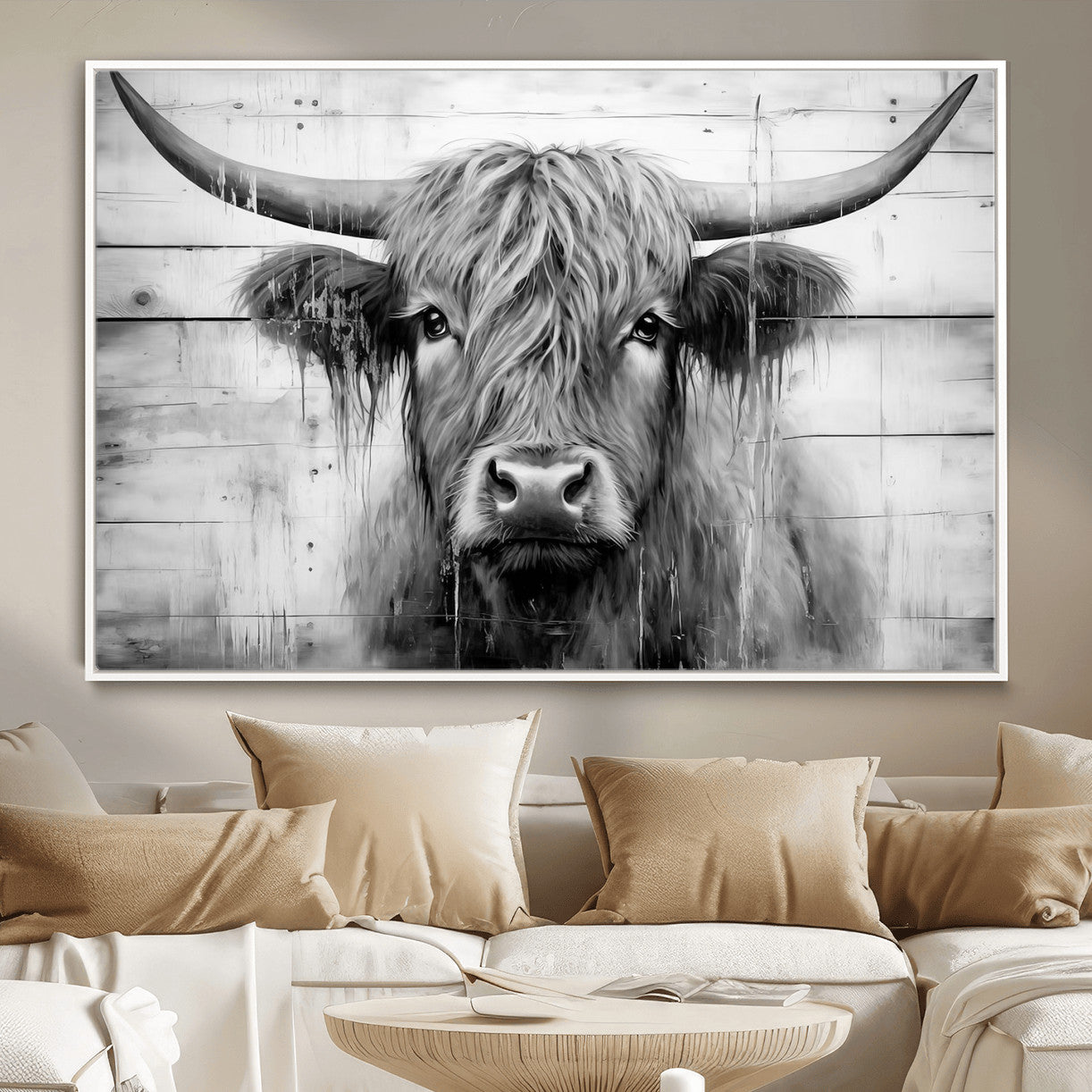 1001HASAN27-MGV-FC-36X24 - Black White Highland Cow Wall Art Canvas Print