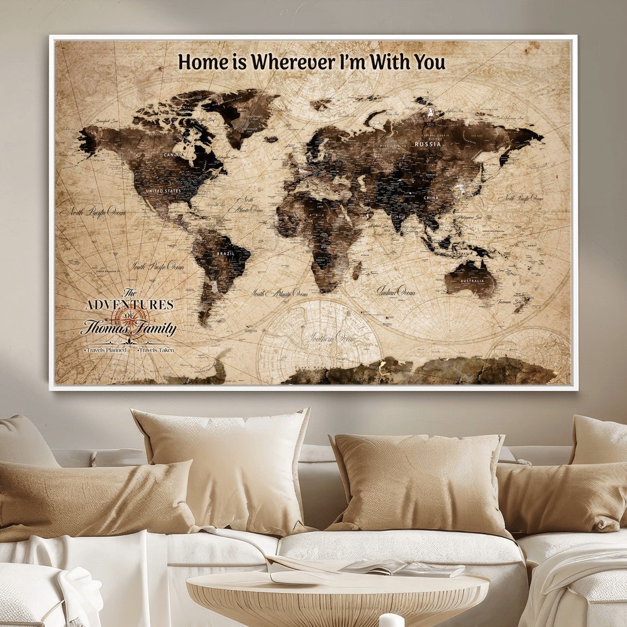 31398786-MGV-FC-36X24 - Personalized World Map Wall Art – Custom Framed Push Pin Travel Tracker Canvas Print Unique Gift for Home, Office