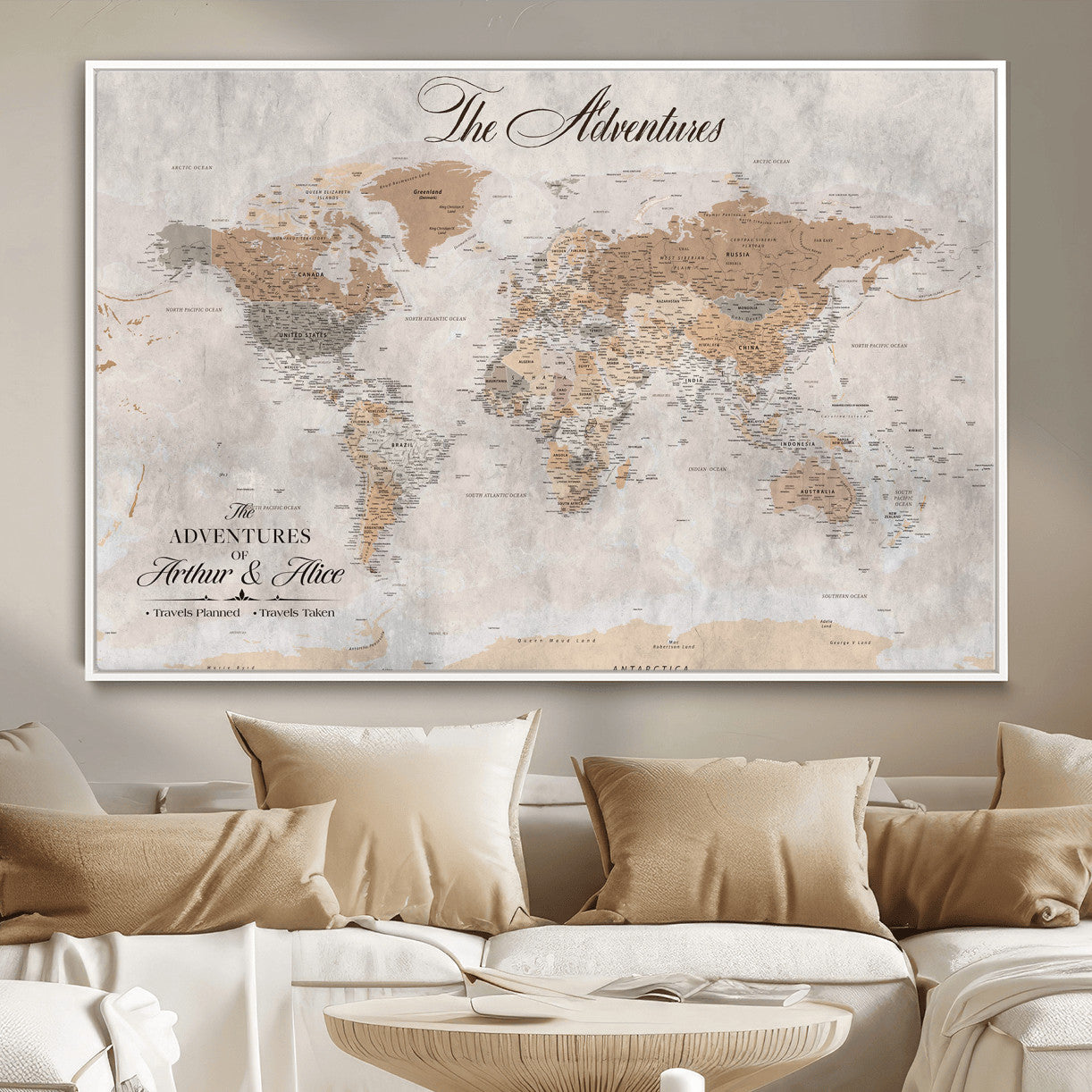 91774967-MGV-FC-36X24 - Personalized Push Pin World Map Canvas Print – Custom Framed Travel Tracker Artwork for Couples or Home Decor