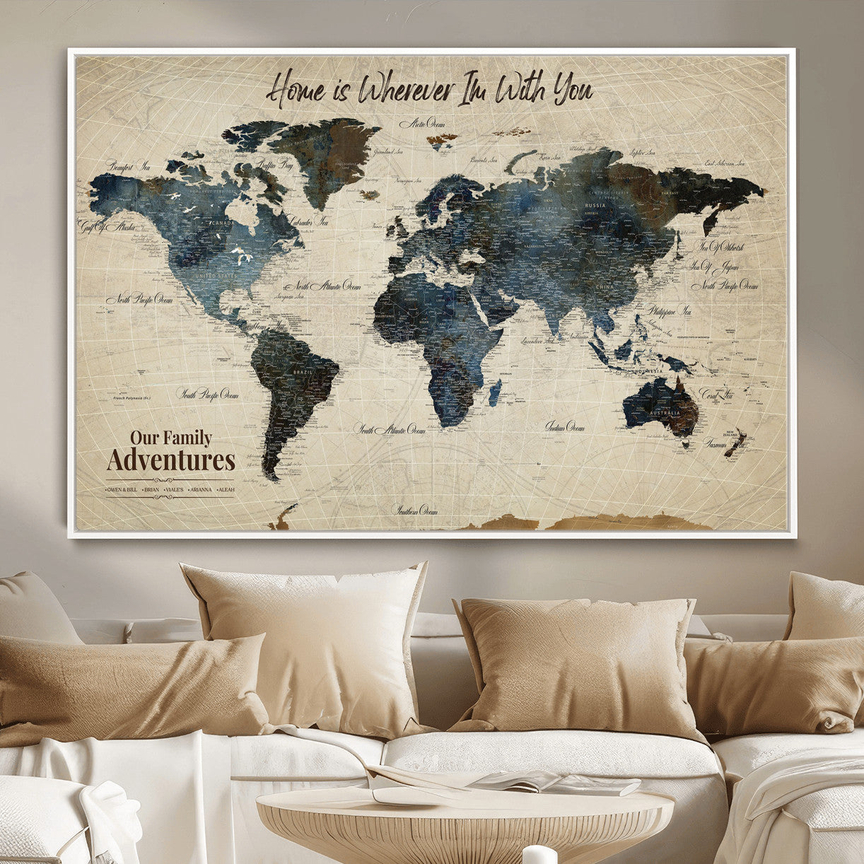 71188227-MGV-FC-36X24 - Personalized World Map Wall Art Canvas Print – Custom Push Pin Travel Map for Couples, Families, or Office Decor