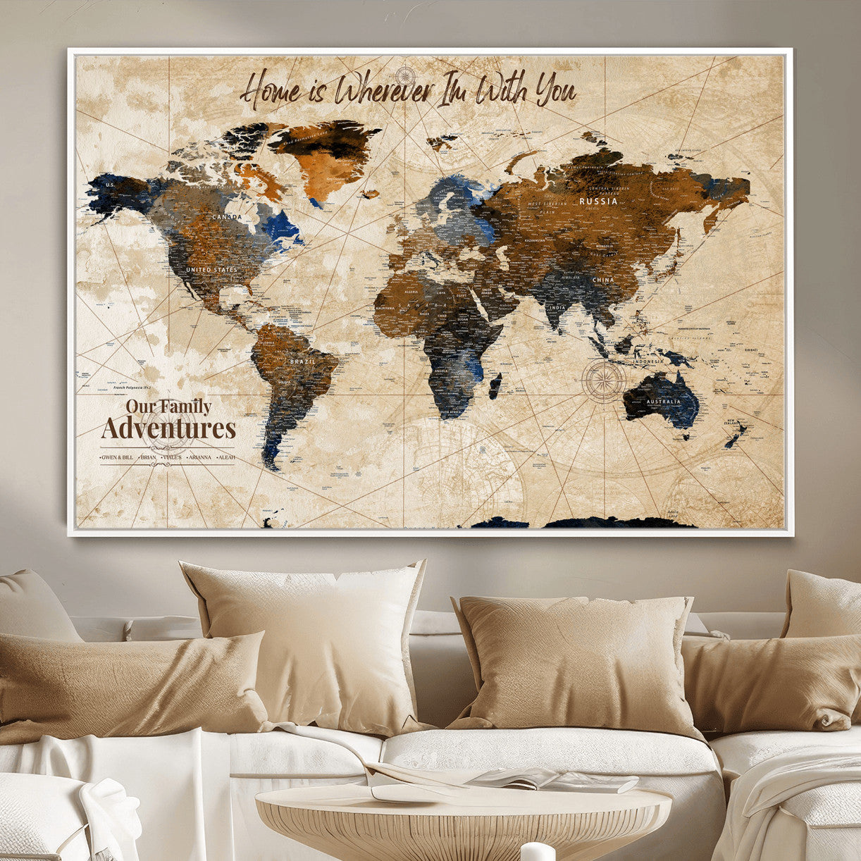 37709027-MGV-FC-36X24 - Customized Push Pin World Map Wall Art Canvas Print with Pins, Vintage Personalized Travel Tracker Map, Framed World Map for Living Room, Office and Home Decor
