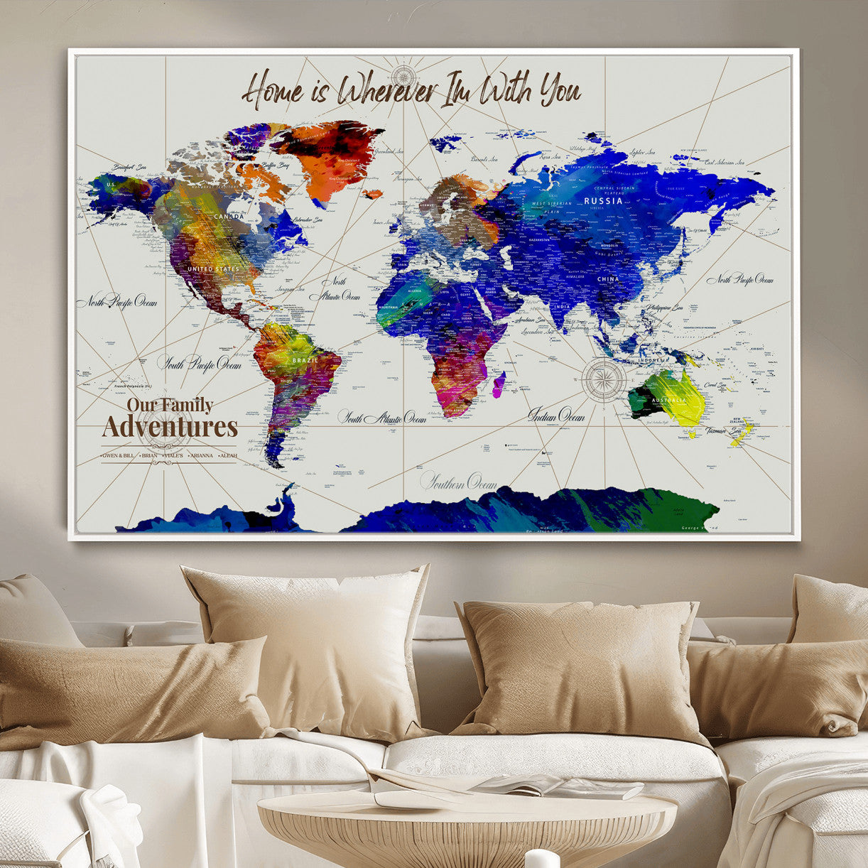 74686301-MGV-FC-36X24 - Customized Push Pin World Map Wall Art Canvas Print with Pins, Personalized Travel Tracker Map, Framed World Map for Living Room, Office and Home Decor