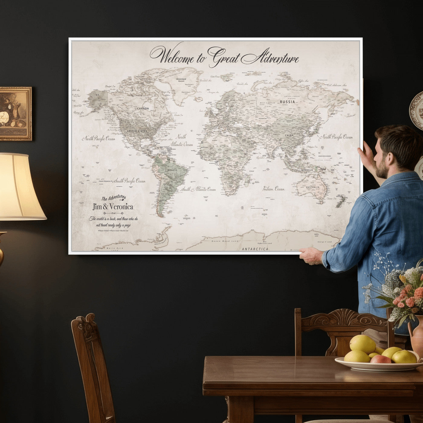 19217574-MGV-FC-36X24 - Personalized Push Pin World Map Wall Art Canvas Print with Pins – Customize Travel Tracker Map for Home and Office Décor