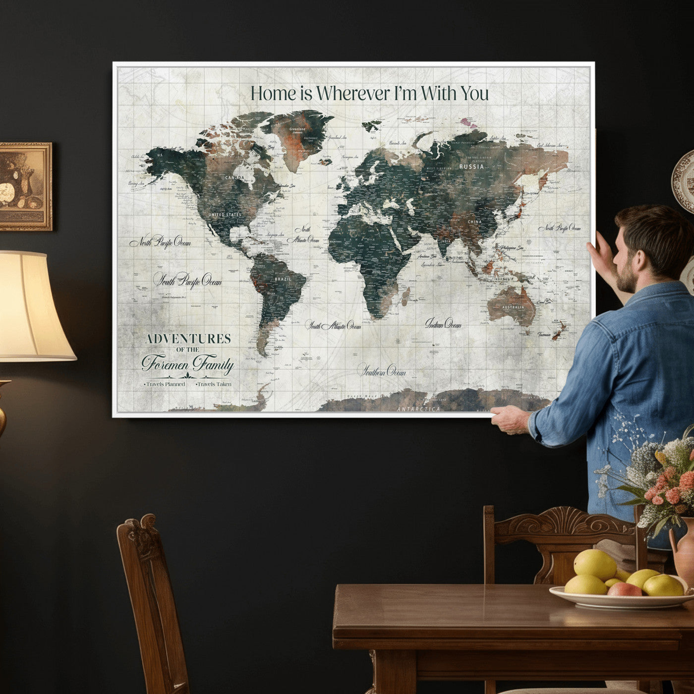 81931818-MGV-FC-36X24 - Personalized Push Pin World Map Wall Art Canvas Print with Pins – Customize Travel Tracker Map for Home and Office Décor