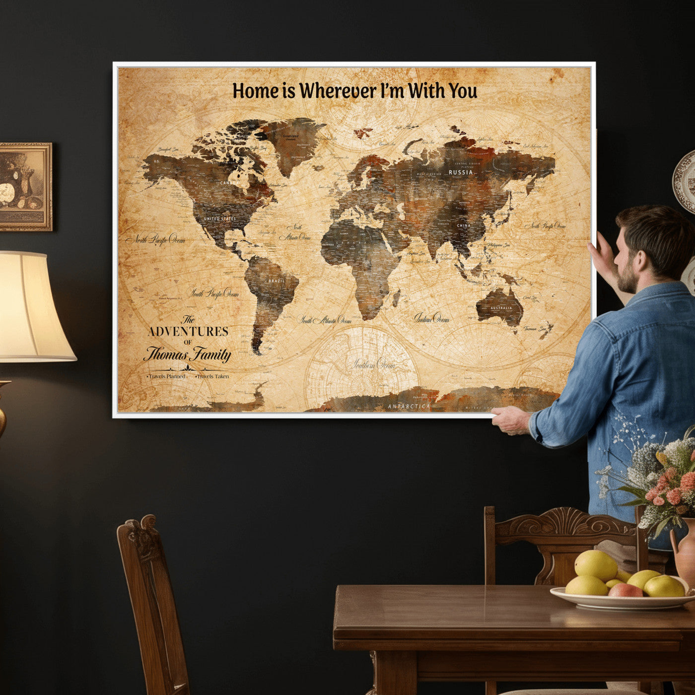 61703173-MGV-FC-36X24 - Personalized Push Pin World Map Wall Art Canvas Print with Pins – Customize Travel Tracker Map for Home and Office Décor