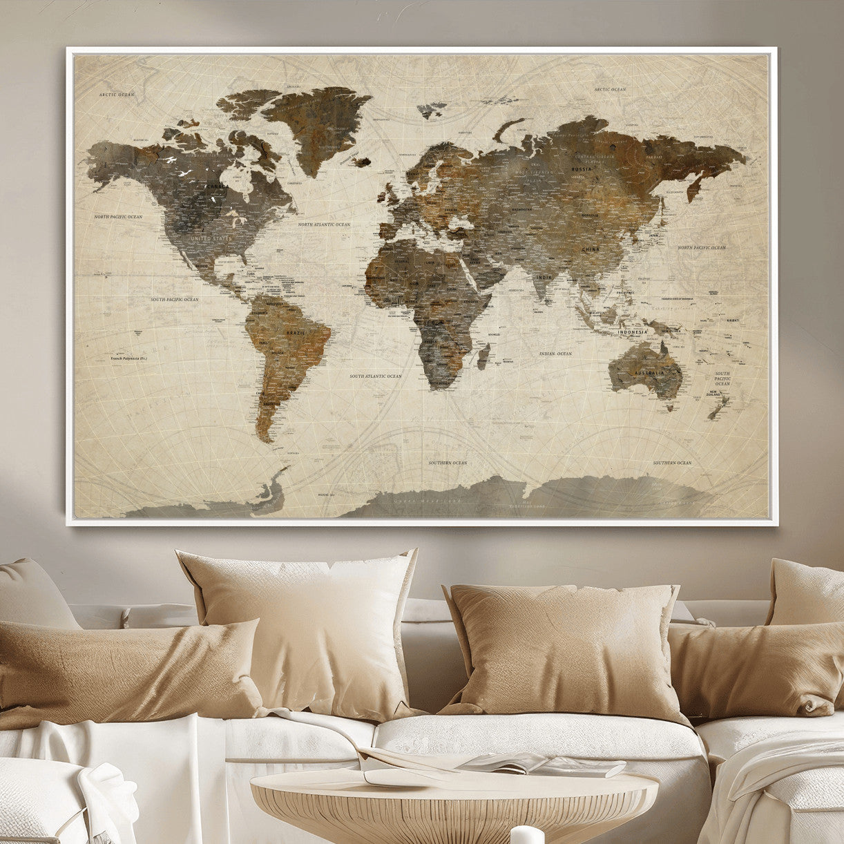 91849163-MGV-FC-36X24 - World Map Wall Art Canvas Print, Modern Decorative Framed Map Artwork Prints for Living Room, Office, Bedroom Wall Decor