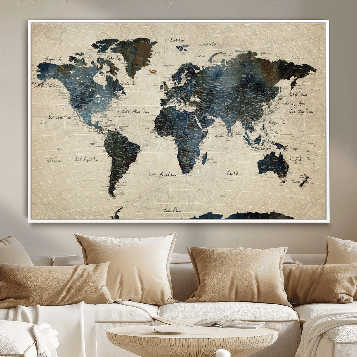 33438443-MGV-FC-36X24 - World Map Wall Art Canvas Print, Modern Decorative Framed Map Artwork Prints for Living Room, Office, Bedroom Wall Decor