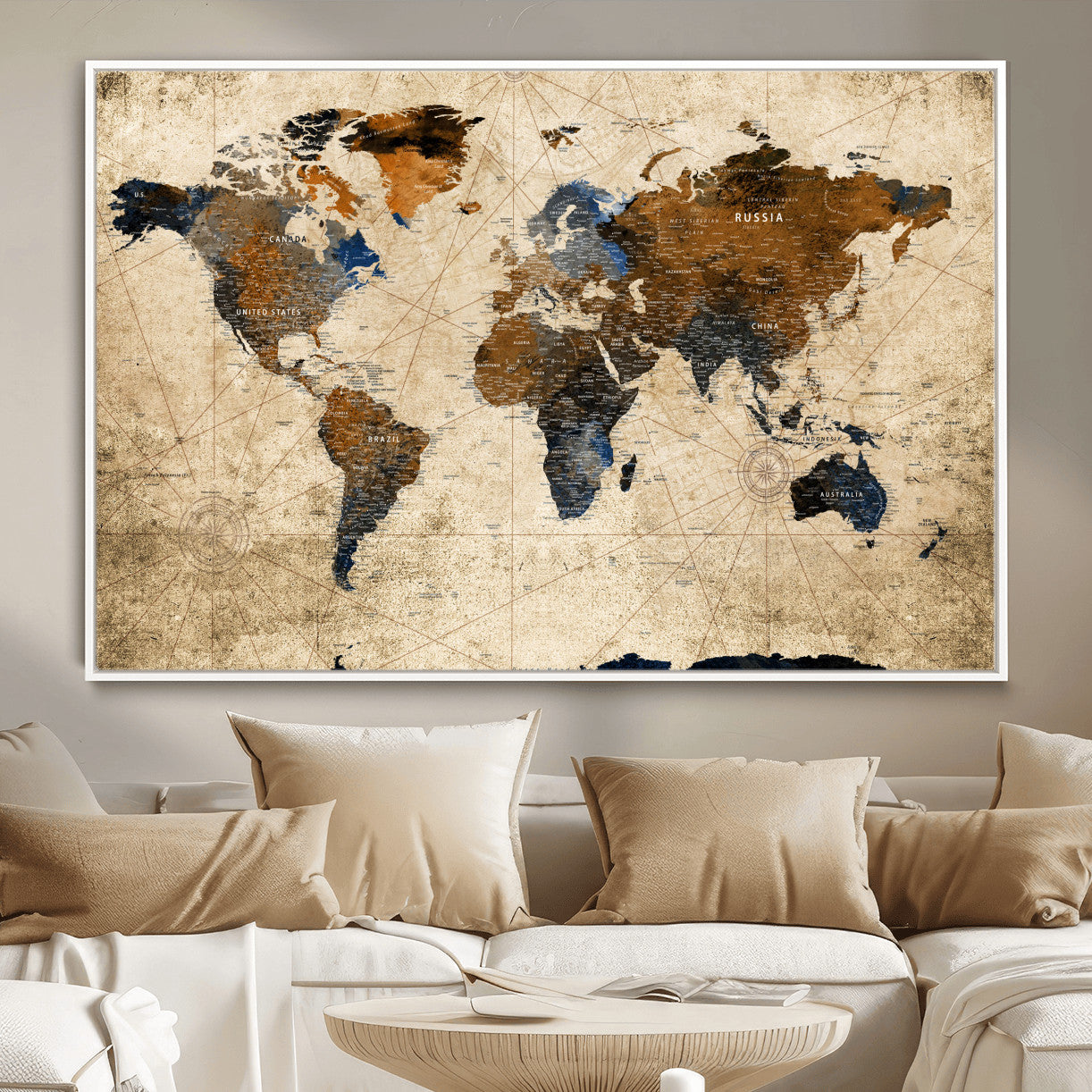 56297284-MGV-FC-36X24 - World Map Wall Art Canvas Print, Modern Decorative Framed Map Artwork Prints for Living Room, Office, Bedroom Wall Decor
