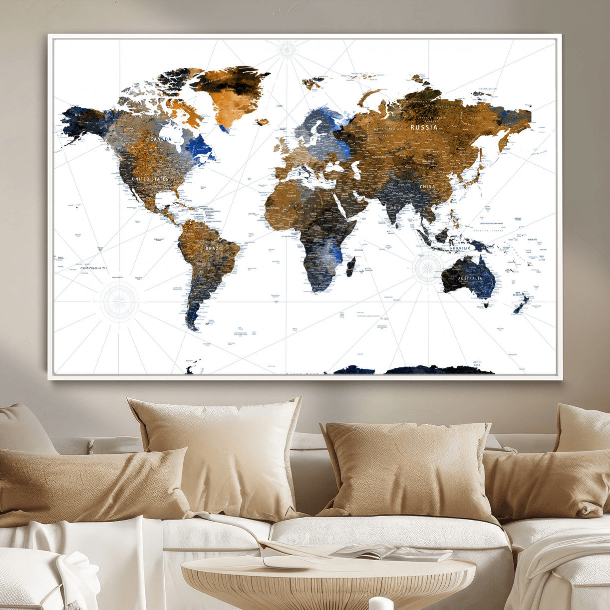 40862517-MGV-FC-36X24 - World Map Wall Art Canvas Print, Modern Decorative Framed Map Artwork Prints for Living Room, Office, Bedroom Wall Decor