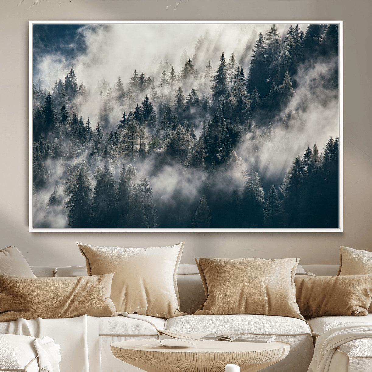 270372951-MGV-FC-36X24 - Misty Pine Forest Canvas Wall Art – Dark Forest Mountaing and Nature Landscape Print, Horizontal Canvas Print