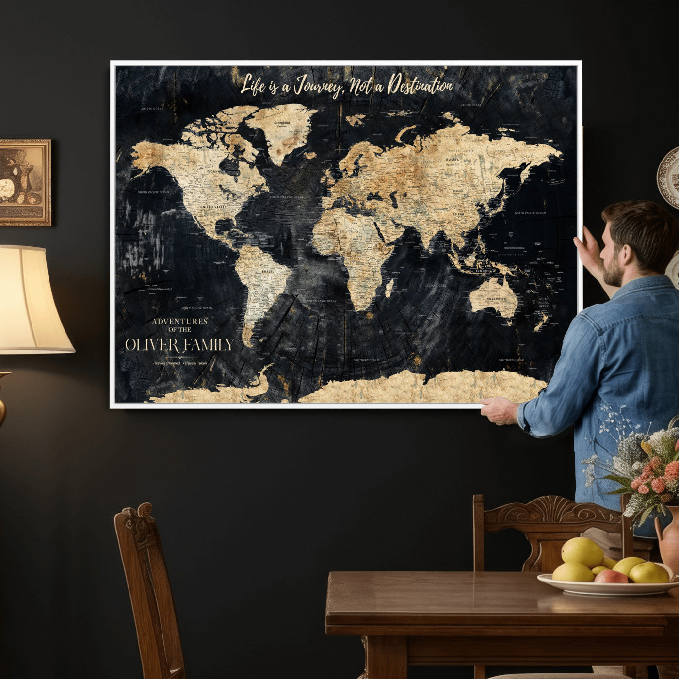 20317961-MGV-FC-36X24 - Customized Push Pin World Map Wall Art Canvas Print with Pins, Framed Personalize Travel Tracker Map, World Map for Living Room and Office Decor