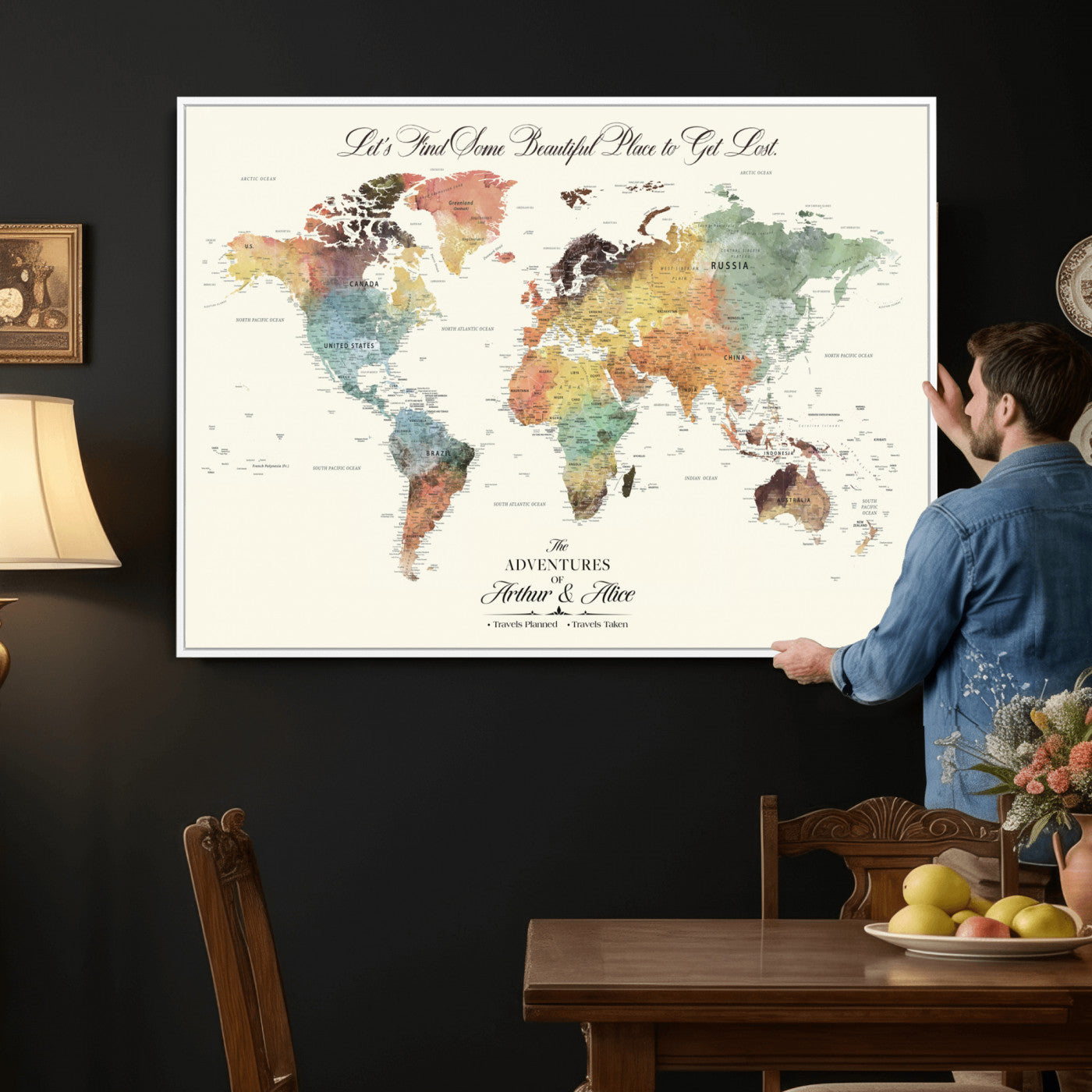 67119830-MGV-FC-36X24 - Customized Push Pin World Map Wall Art Canvas Print with Pins, Framed Personalize Travel Tracker Map, World Map for Living Room and Office Decor