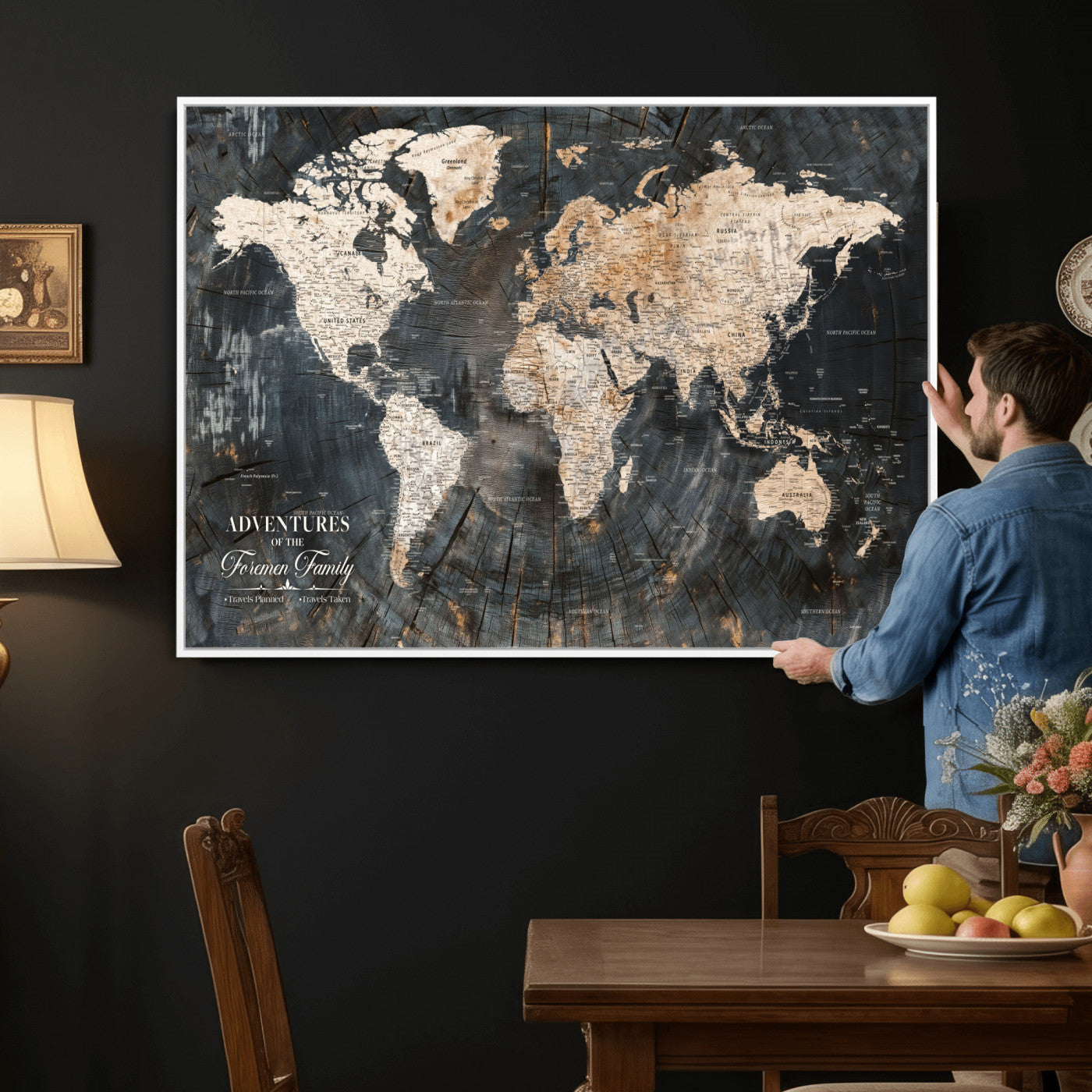 74461965-MGV-FC-36X24 - Customized Push Pin World Map Wall Art Canvas Print with Pins, Framed Personalize Travel Tracker Map, World Map for Living Room and Office Decor