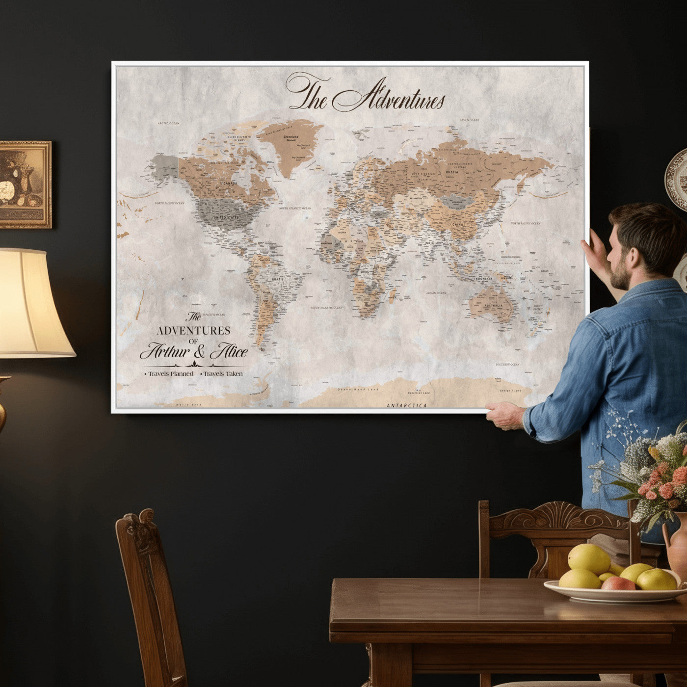 85771580-MGV-FC-36X24 - Custom Push Pin World Map Wall Art Canvas Print with Pins, Framed Personalize Travel Tracker Map, World Map for Living Room and Office Decor