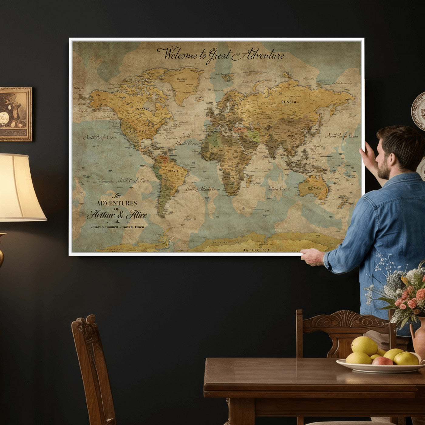 37903085-MGV-CV-36X24 - Custom Push Pin World Map Wall Art Canvas Print – Personalized Travel Tracker with Pins Framed Large for Home and Office Decor