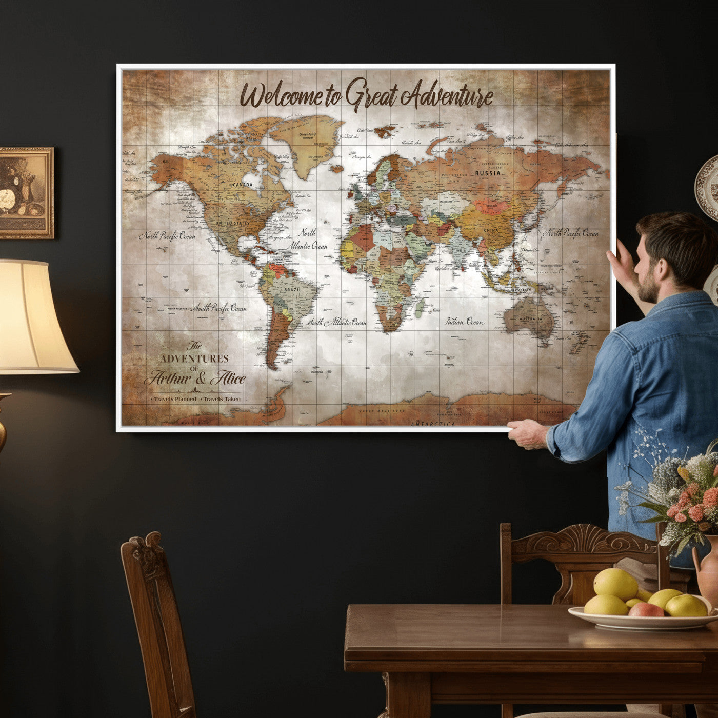 94821994-MGV-CV-36X24 - Custom Push Pin World Map Wall Art Canvas Print – Personalized Travel Tracker with Pins Framed Large for Home and Office Decor