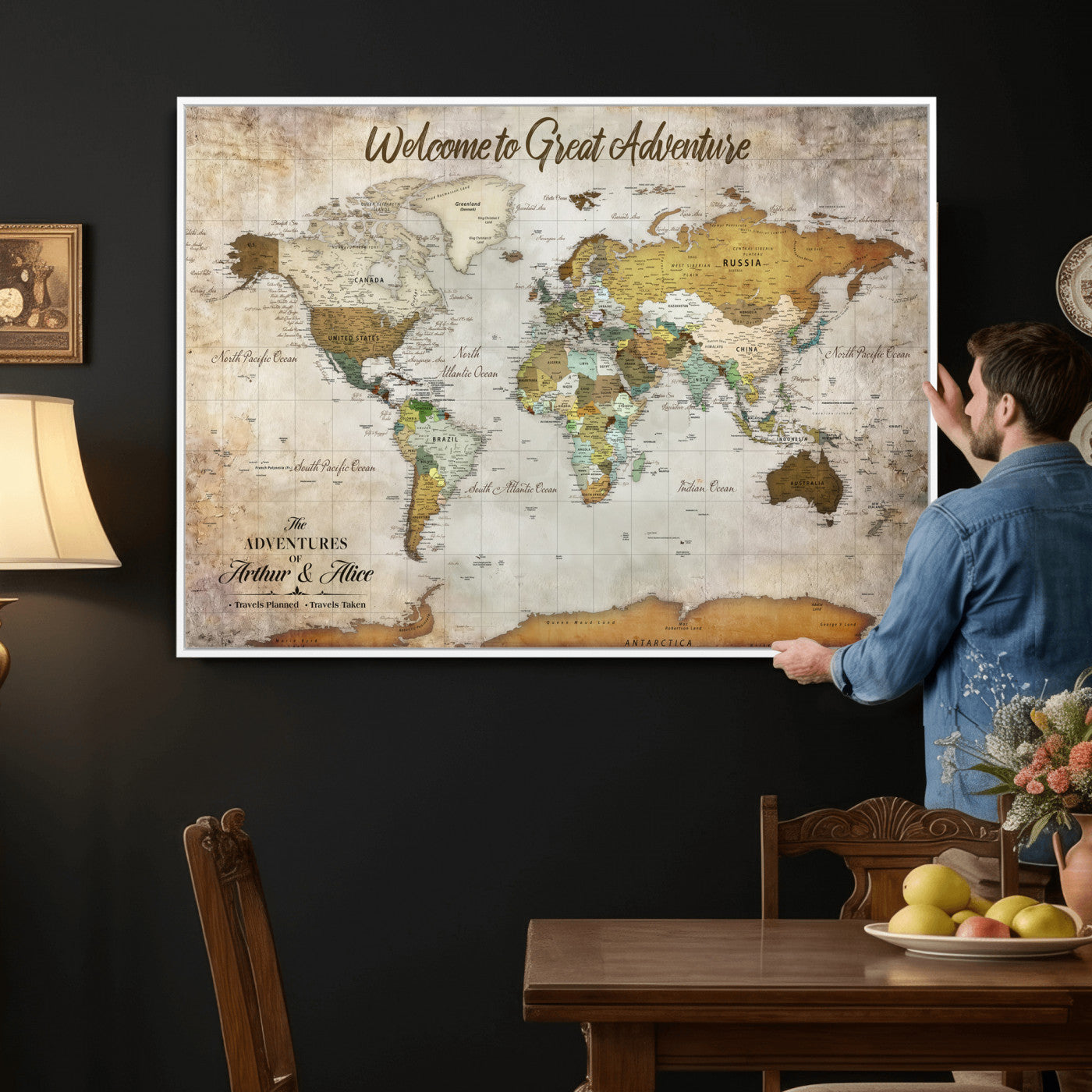 33043195-MGV-CV-36X24 - Custom Push Pin World Map Wall Art Canvas Print – Personalized Travel Tracker with Pins Framed Large for Home and Office Decor