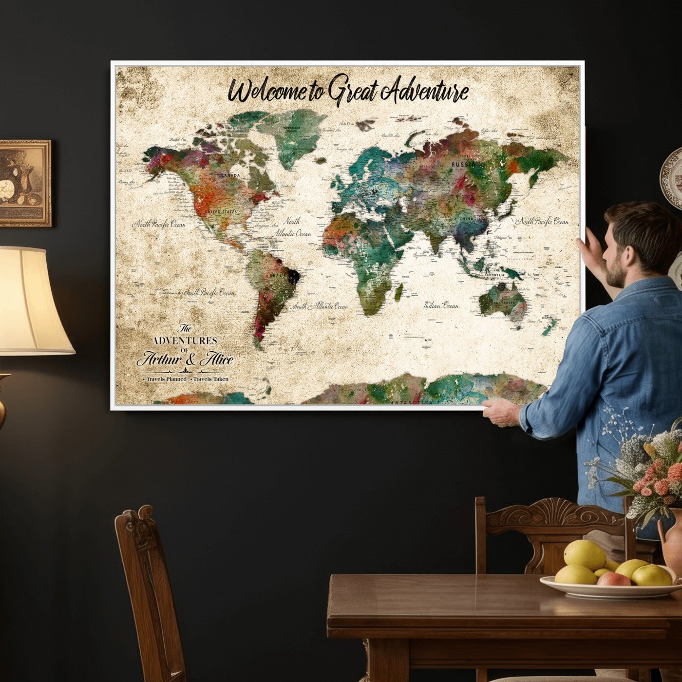 89225601-MGV-CV-36X24 - Custom Push Pin World Map Wall Art Canvas Print – Personalized Travel Tracker with Pins Framed Large for Home and Office Decor