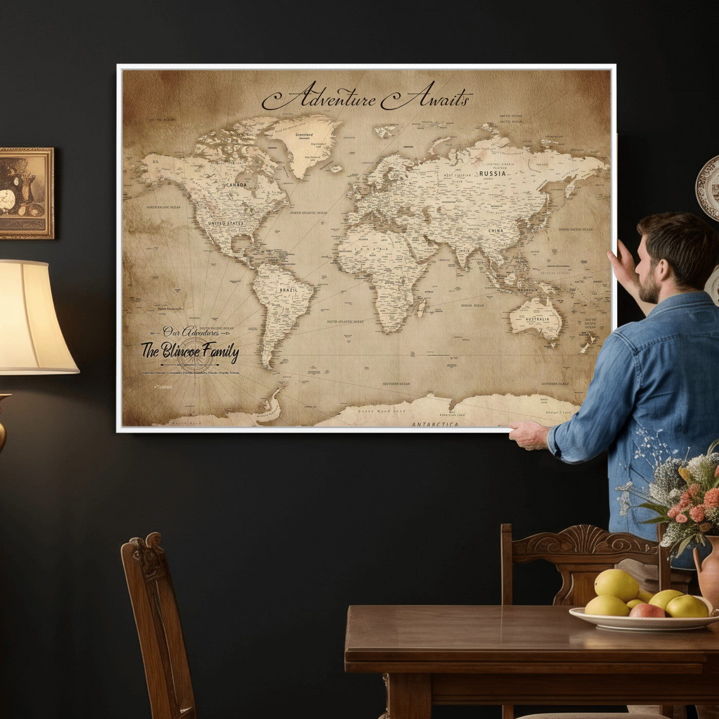 59757370-MGV-CV-36X24 - Custom Push Pin World Map Wall Art Canvas Print – Personalized Travel Tracker with Pins Framed Large for Home and Office Decor