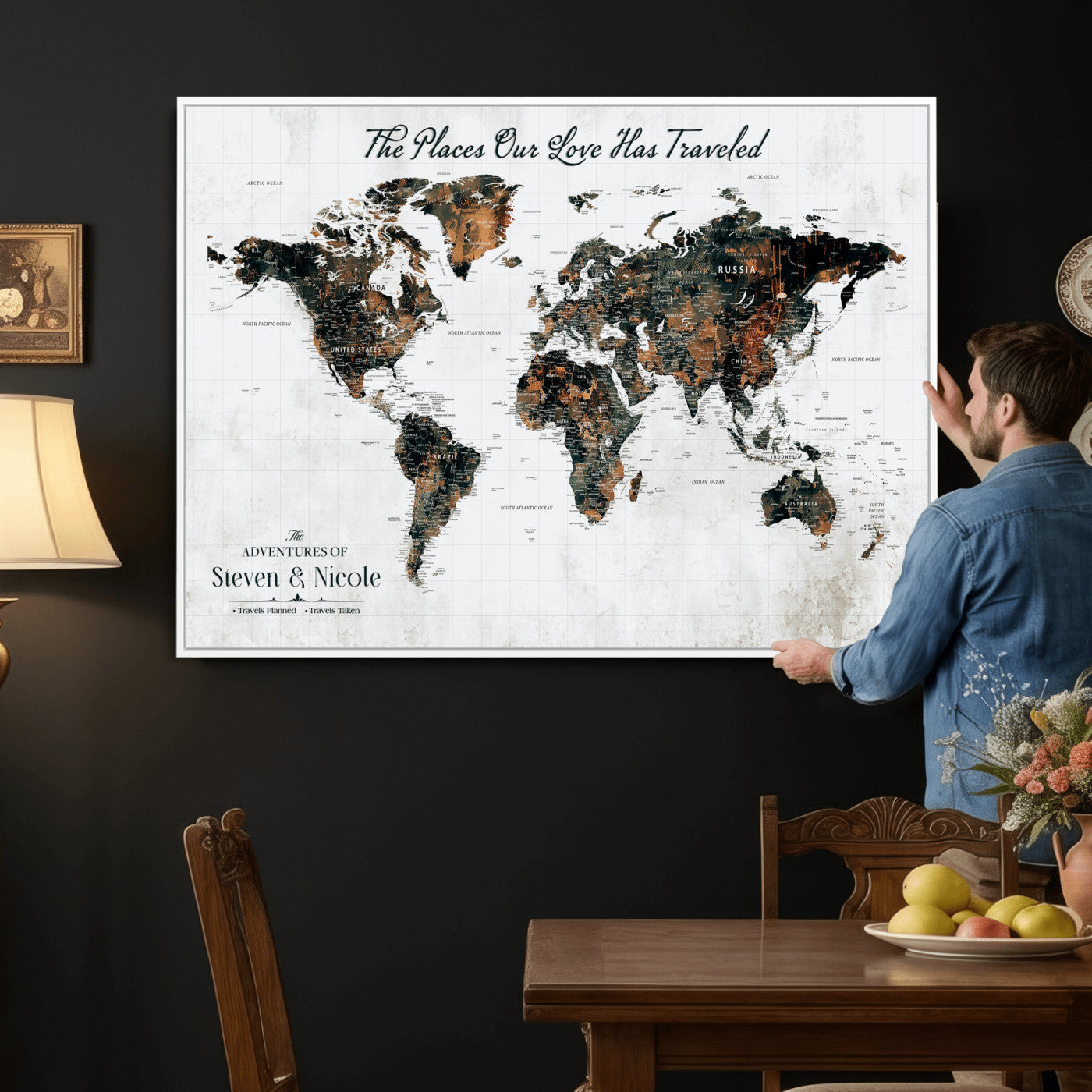 29090064-MGV-CV-36X24 - Custom Push Pin World Map Wall Art Canvas Print – Personalized Travel Tracker with Pins Framed Large for Home and Office Decor