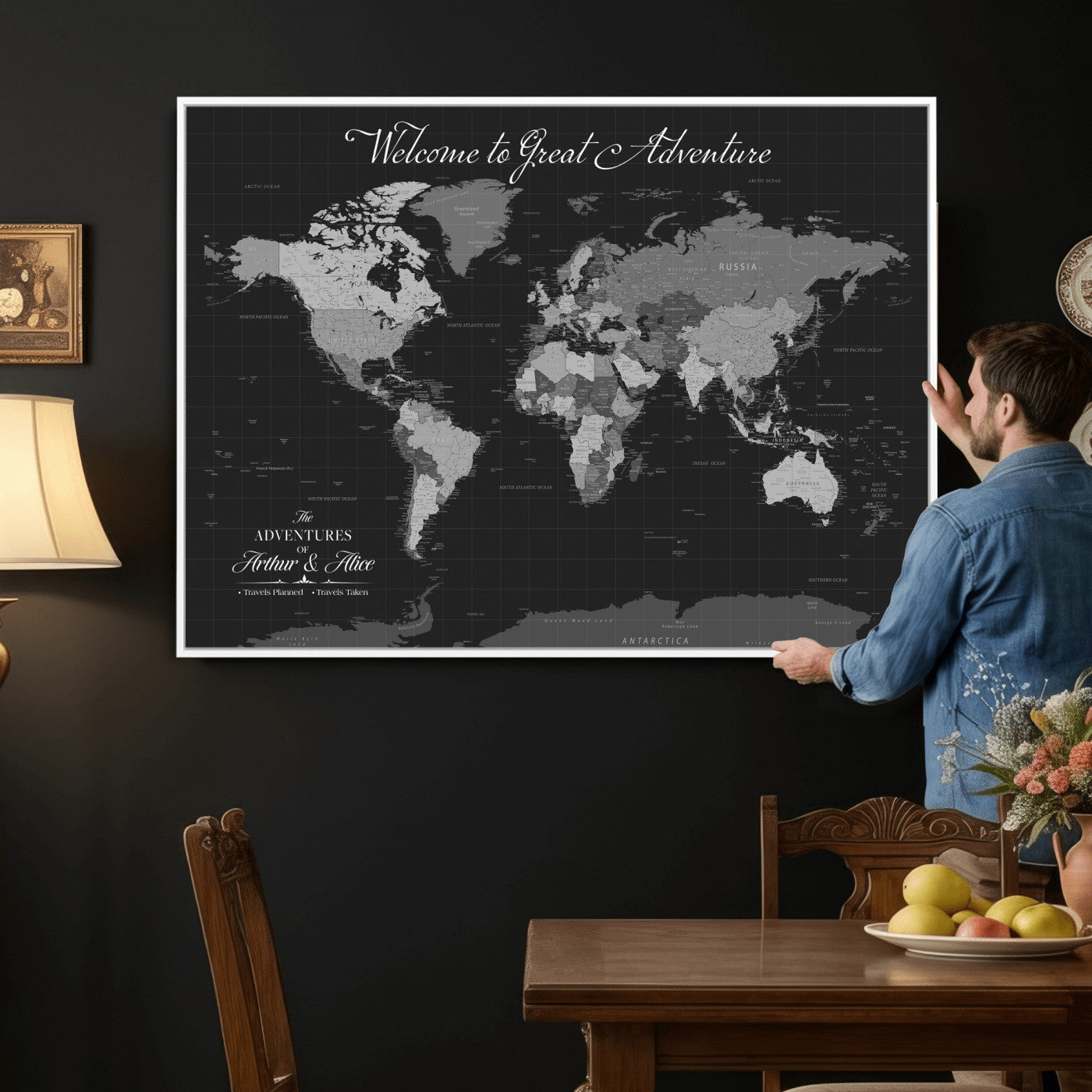 57127599-MGV-CV-36X24 - Custom Push Pin World Map Wall Art Canvas Print – Personalized Travel Tracker with Pins Framed Large for Home and Office Decor