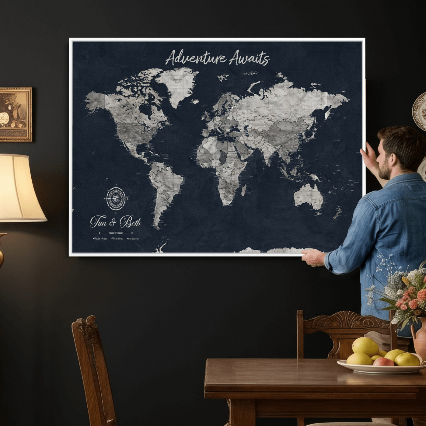 32031089-MGV-CV-36X24 - Custom Push Pin World Map Wall Art Canvas Print – Personalized Travel Tracker with Pins Framed Large for Home and Office Decor