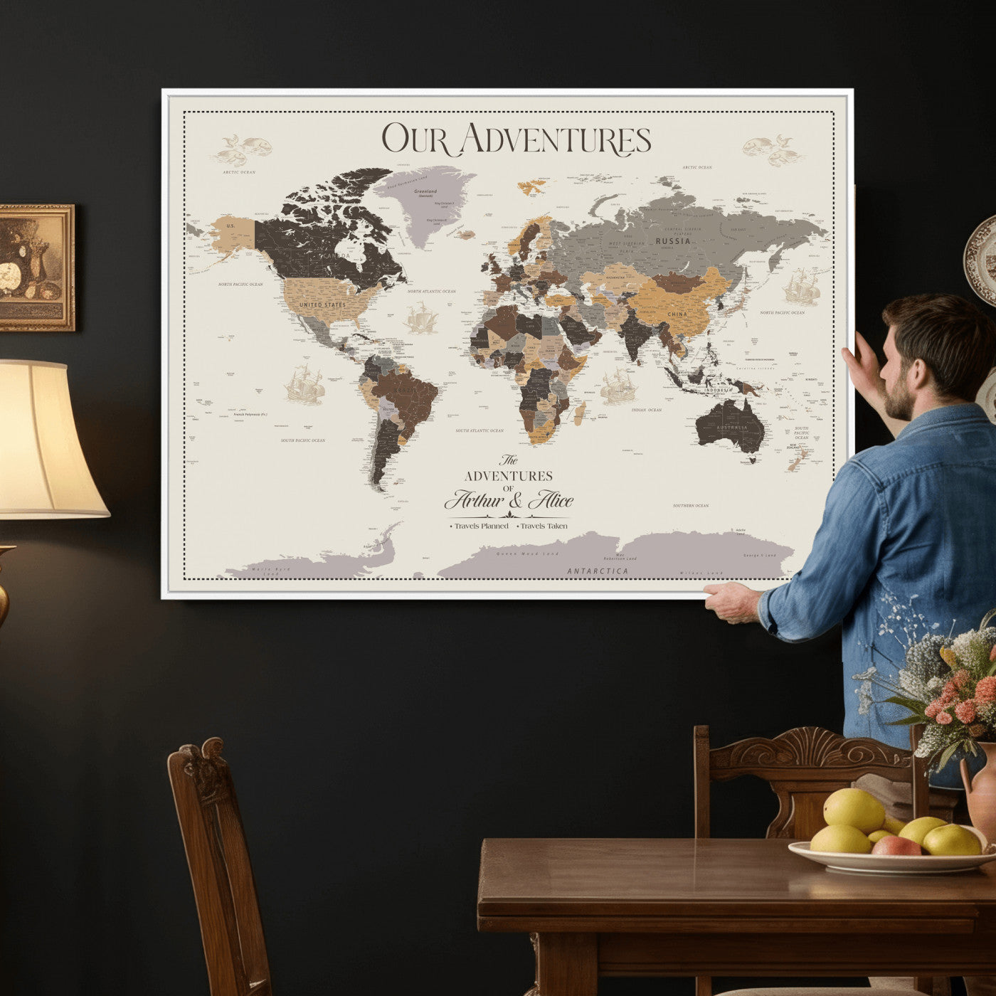 66301646-MGV-CV-36X24 - Custom Push Pin World Map Wall Art Canvas Print – Personalized Travel Tracker with Pins Framed Large for Home and Office Decor