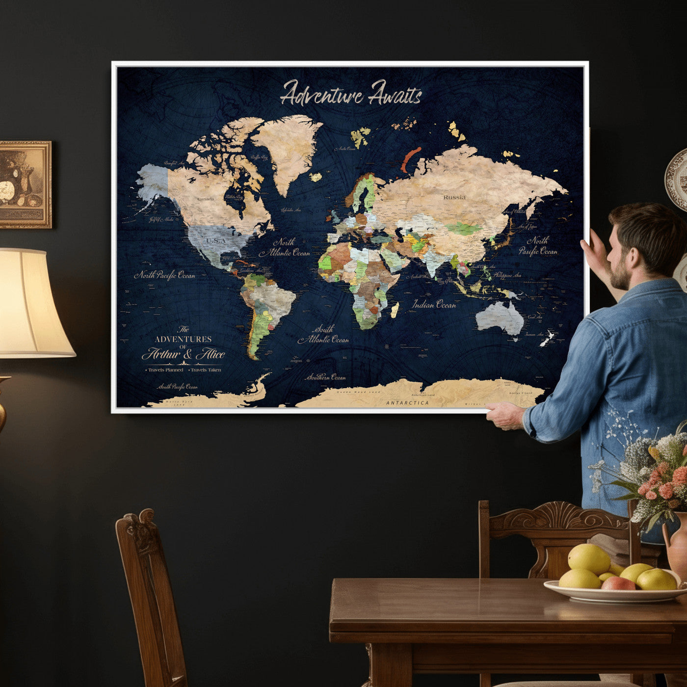 39120422-MGV-CV-36X24 - Custom Push Pin World Map Wall Art Canvas Print – Personalized Travel Tracker with Pins Framed Large for Home and Office Decor