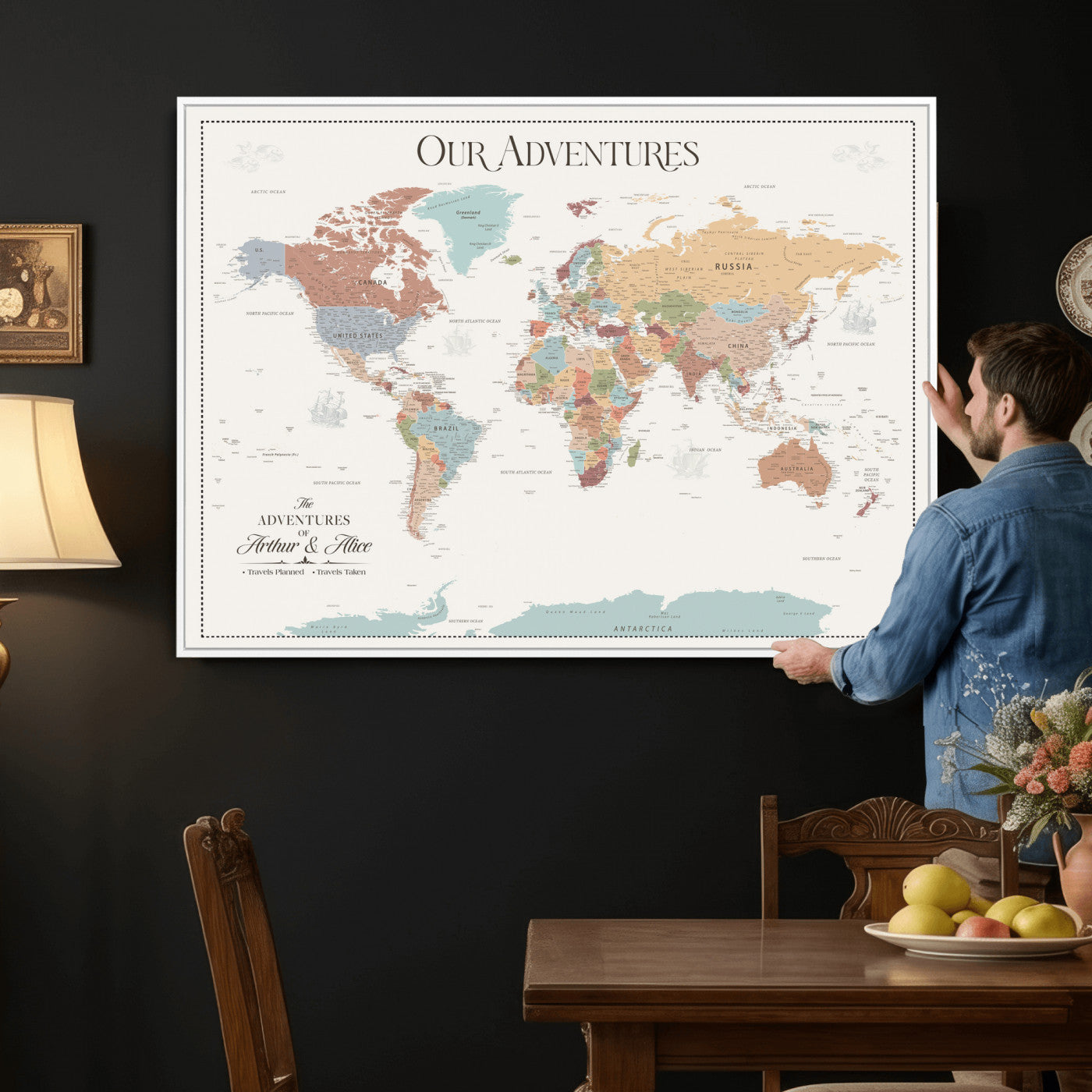 30191756-MGV-CV-36X24 - Custom Push Pin World Map Wall Art Canvas Print – Personalized Travel Tracker with Pins Framed Large for Home and Office Decor