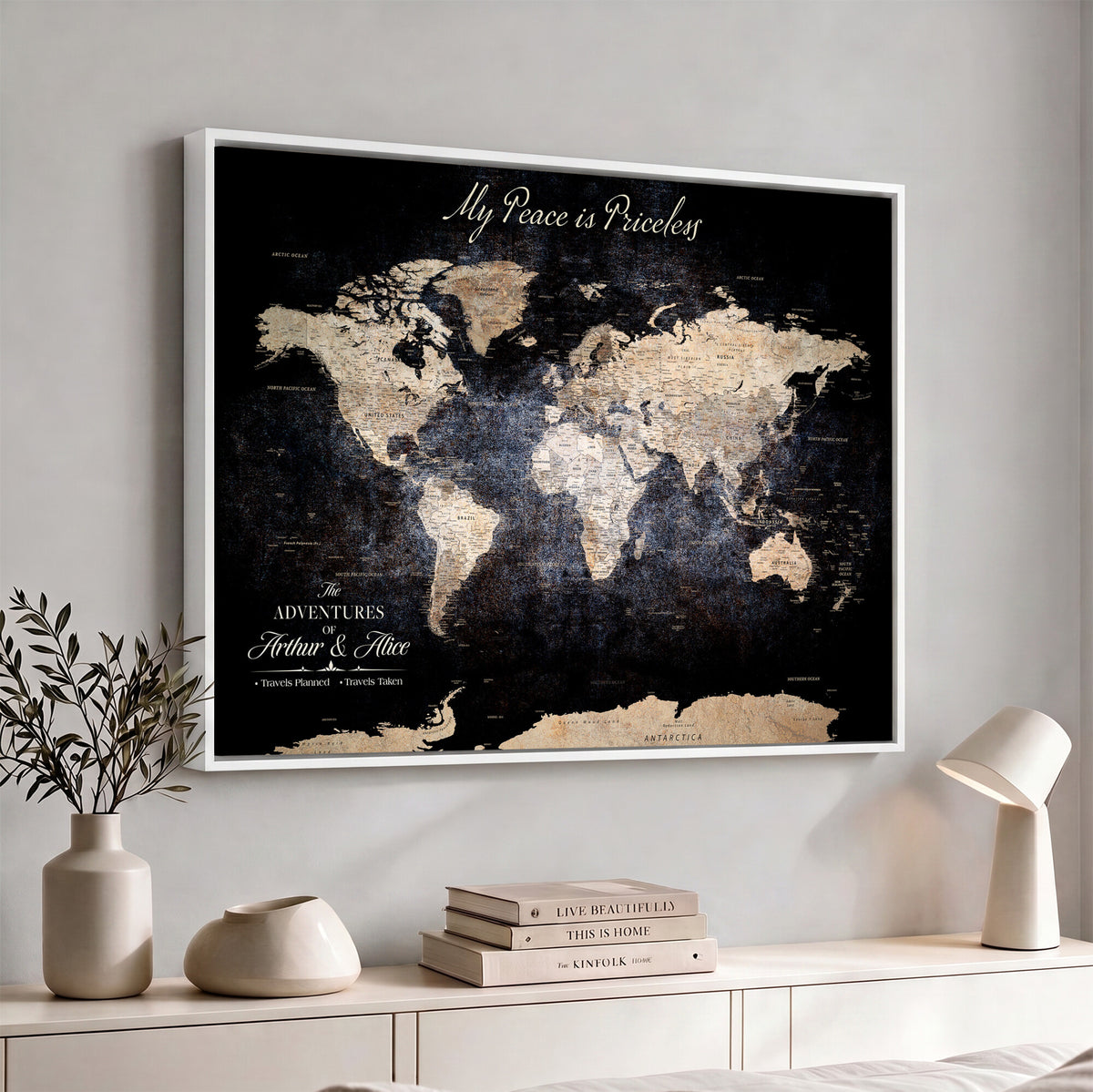 38689152-MGV-CV-36X24 - Personalized Beige World Map Canvas with Push Pins, Couples Countries Visited Map, Study and Hallway Decor