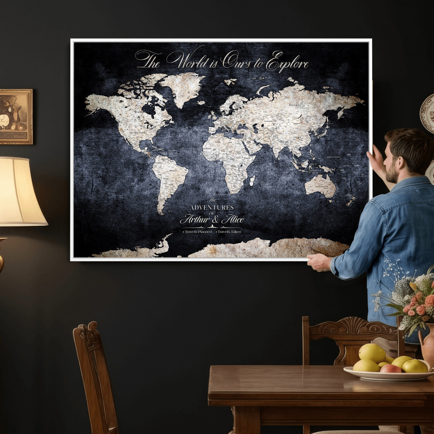 78489746-MGV-CV-36X24 - Custom Push Pin World Map Wall Art Canvas Print – Personalized Travel Tracker with Pins Framed Large for Home and Office Decor