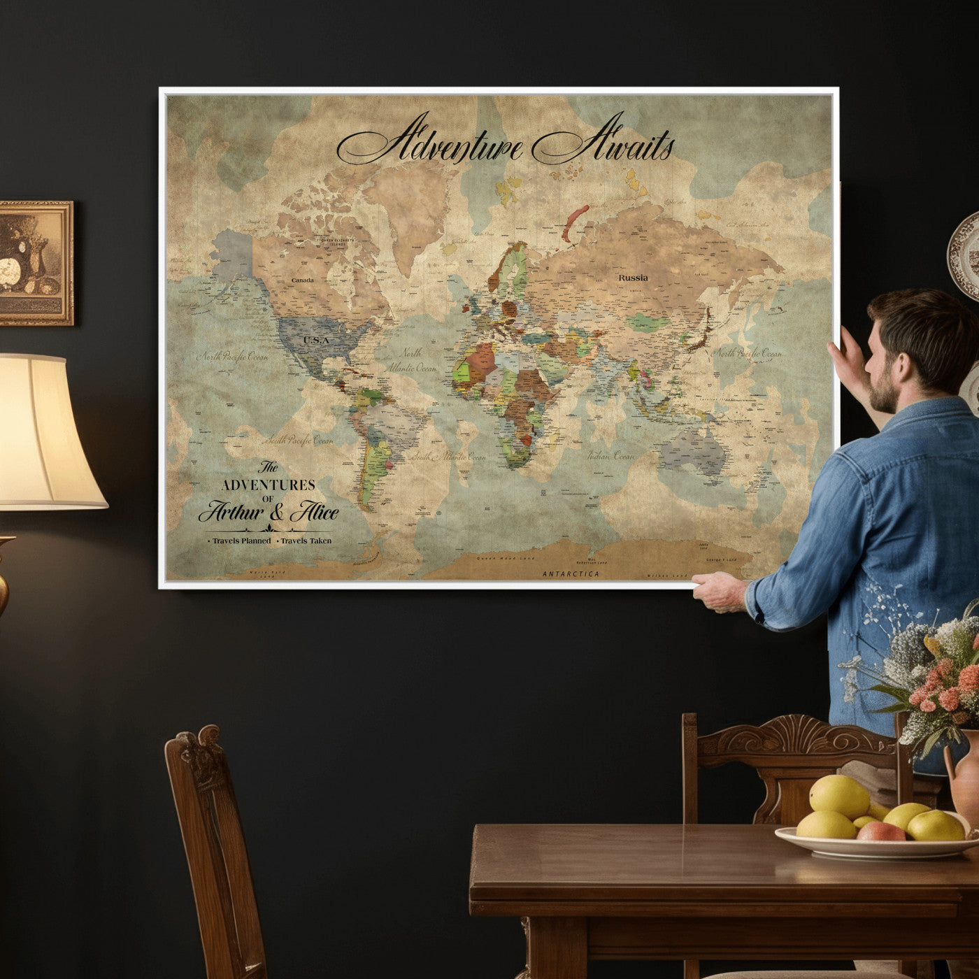 80420159-MGV-CV-36X24 - Custom Push Pin World Map Wall Art Canvas Print – Personalized Travel Tracker with Pins Framed Large for Home and Office Decor