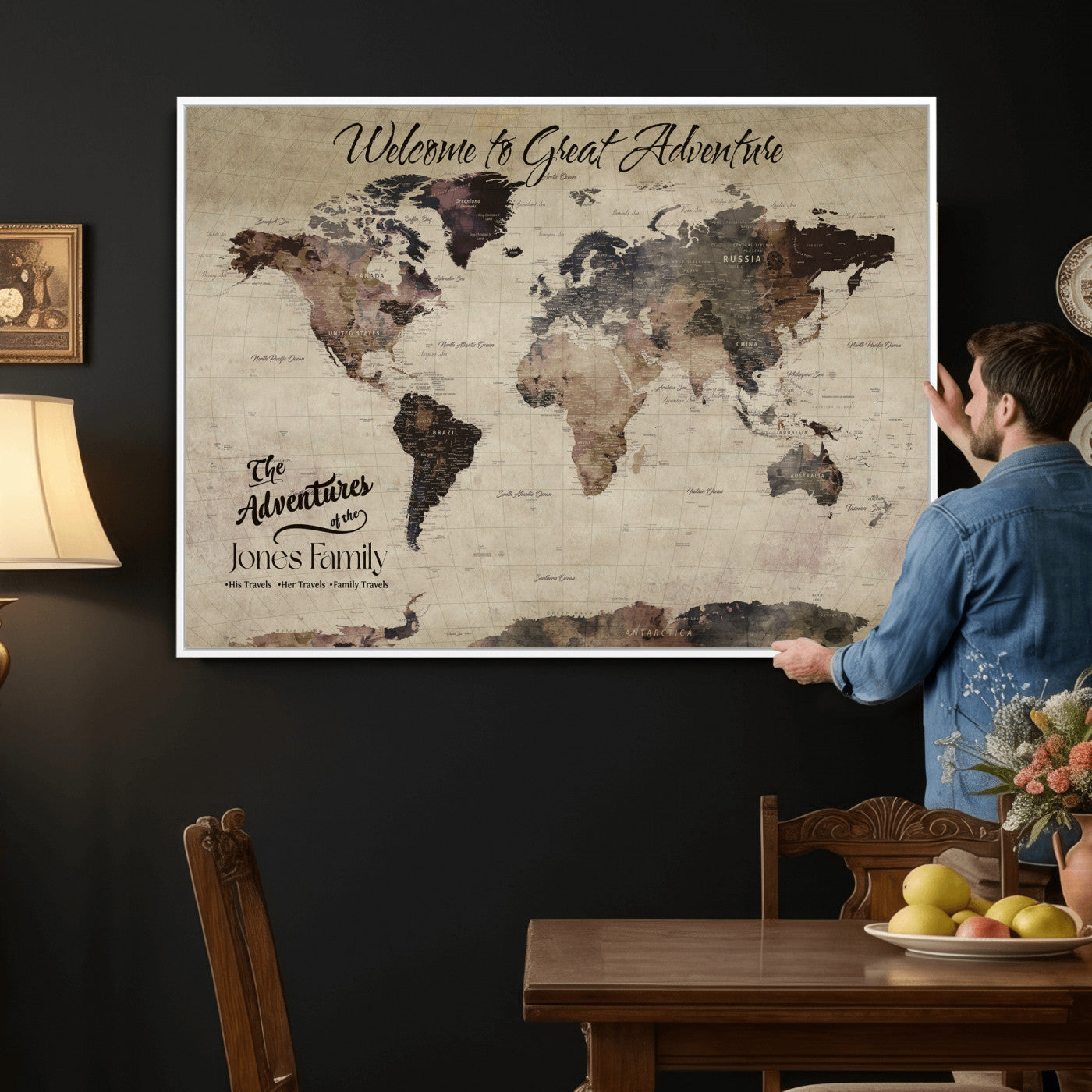 25688366-MGV-CV-36X24 - Custom Push Pin World Map Wall Art Canvas Print – Personalized Travel Tracker with Pins Framed Large for Home and Office Decor
