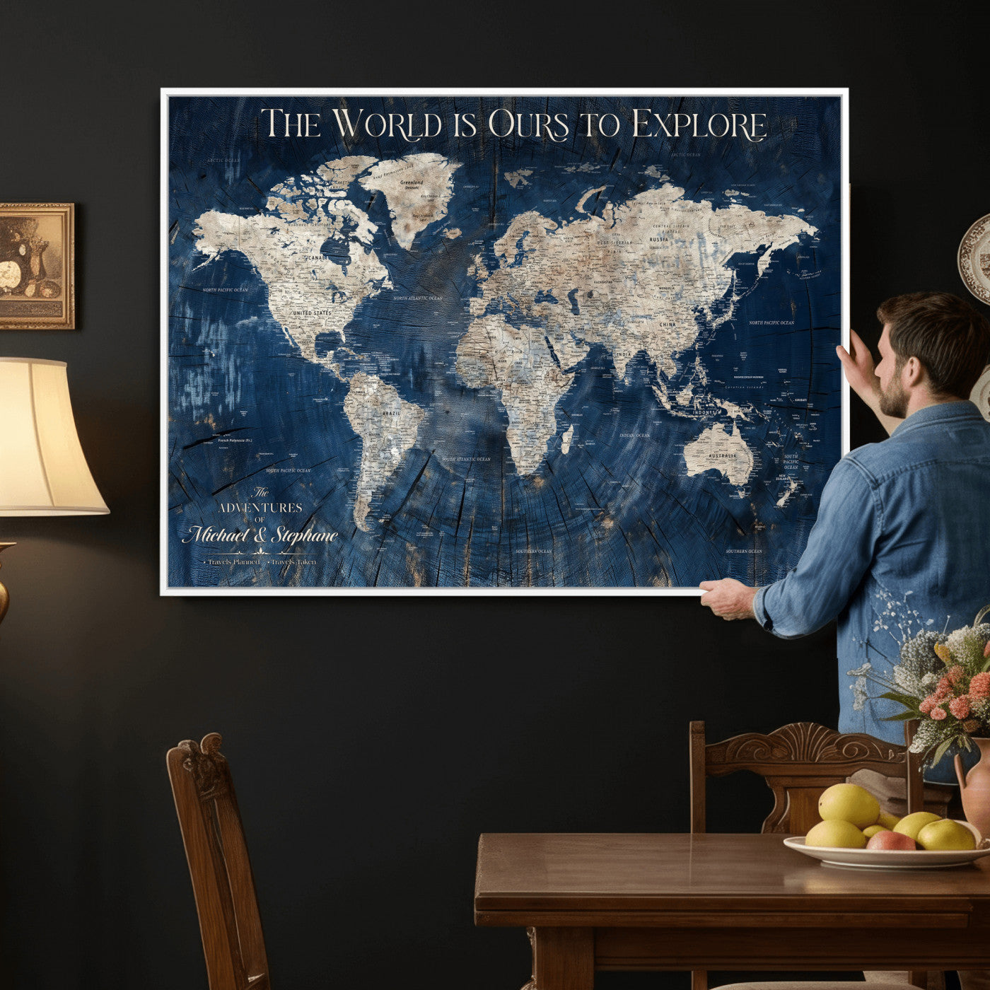 76965912-MGV-CV-36X24 - Custom Push Pin World Map Wall Art Canvas Print – Personalized Travel Tracker with Pins Framed Large for Home and Office Decor