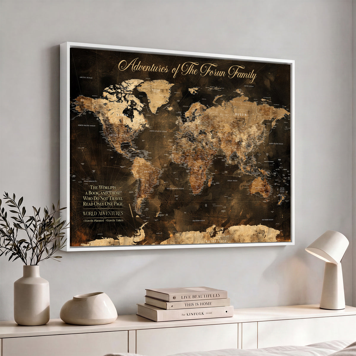 20594960-MGV-CV-36X24 - Custom Push Pin World Map Wall Art Canvas Print – Personalized Travel Tracker with Pins Framed Large for Home and Office Decor