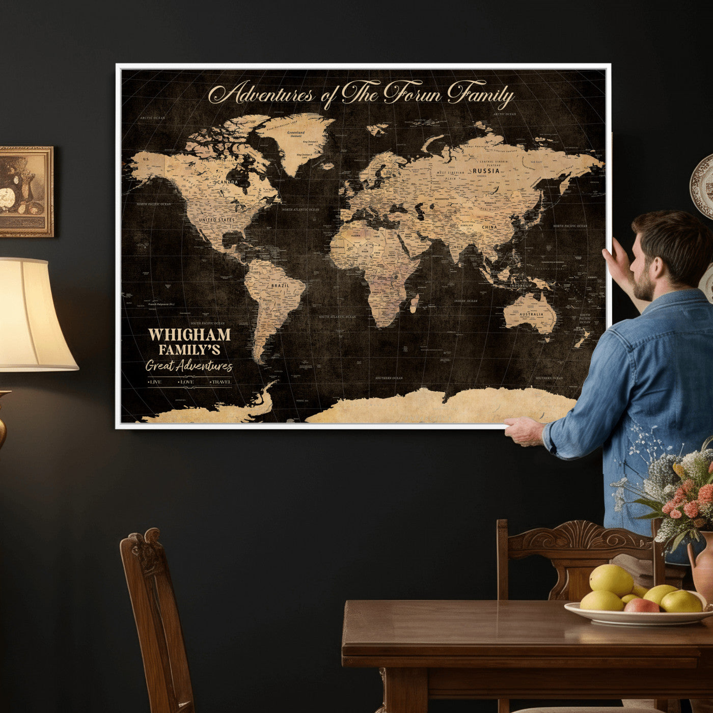 69635819-MGV-CV-36X24 - Custom Push Pin World Map Wall Art Canvas Print – Personalized Travel Tracker with Pins Framed Large for Home and Office Decor