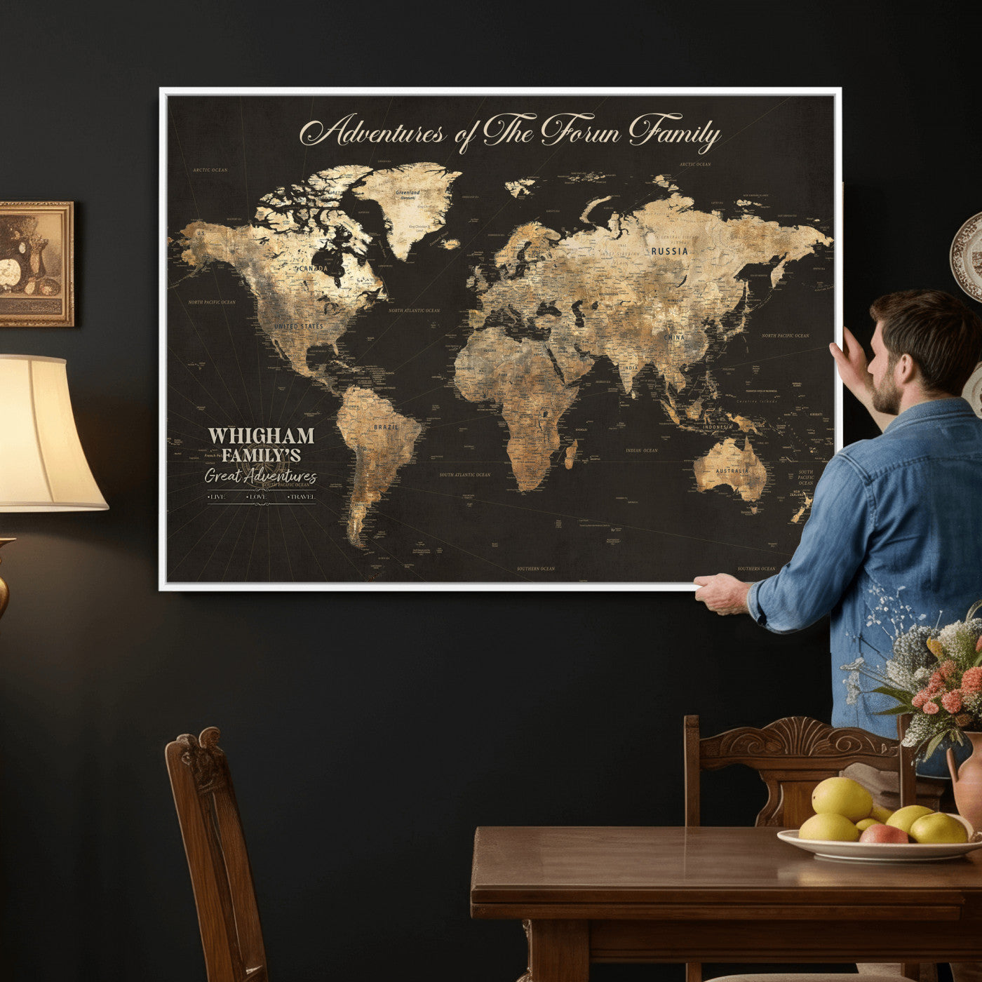80238567-MGV-CV-36X24 - Custom Push Pin World Map Wall Art Canvas Print – Personalized Travel Tracker with Pins Framed Large for Home and Office Decor