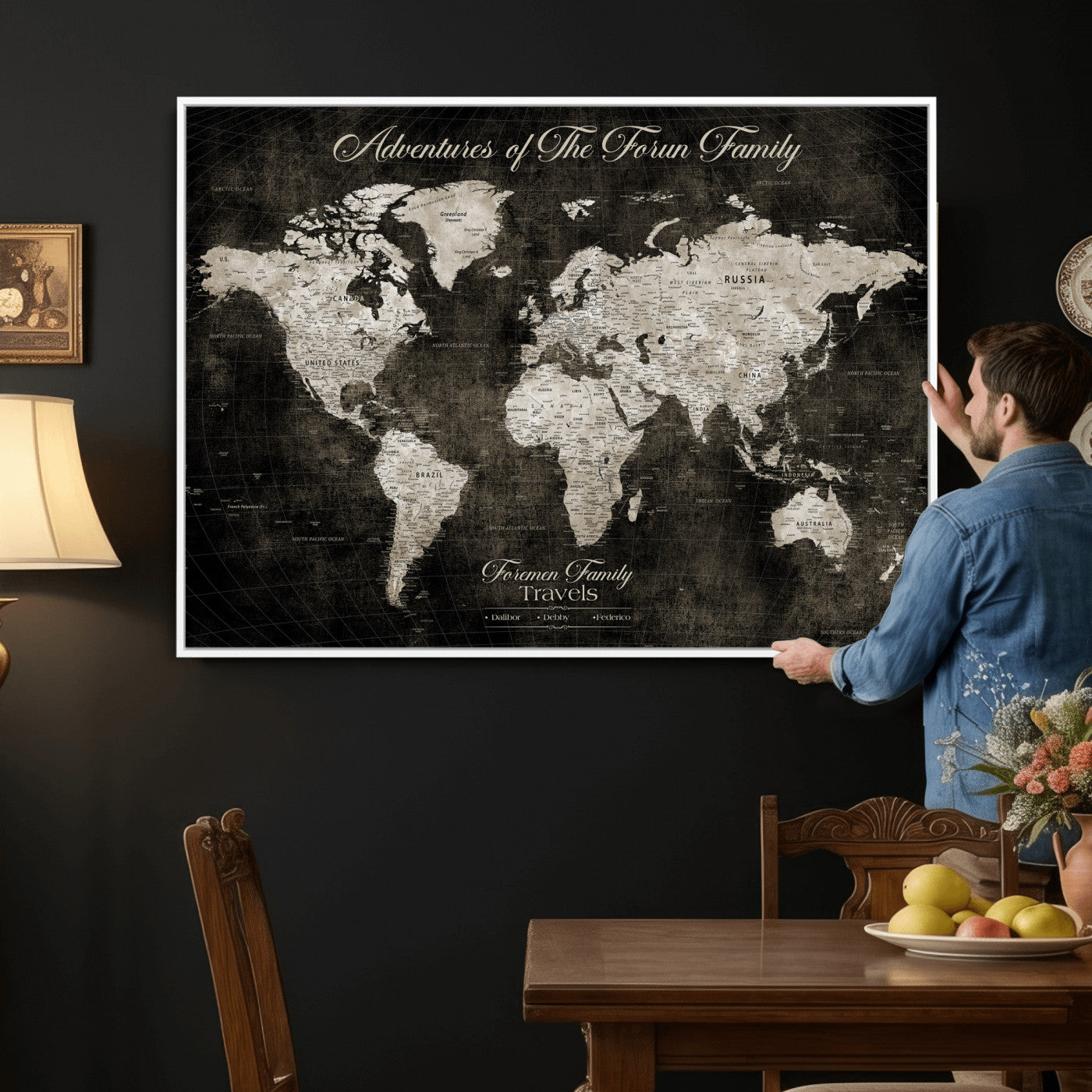 73767525-MGV-CV-36X24 - Custom Push Pin World Map Wall Art Canvas Print – Personalized Travel Tracker with Pins Framed Large for Home and Office Decor