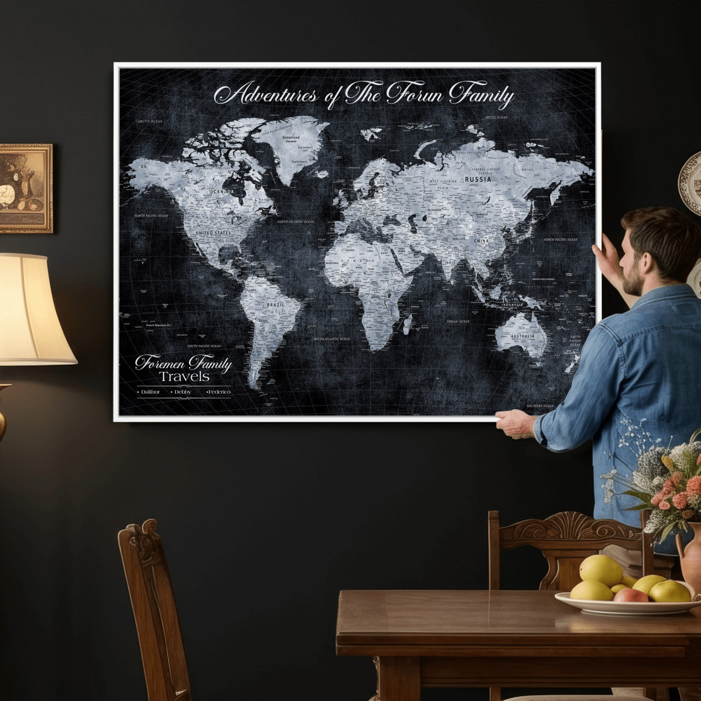 26826520-MGV-CV-36X24 - Custom Push Pin World Map Wall Art Canvas Print – Personalized Travel Tracker with Pins Framed Large for Home and Office Decor