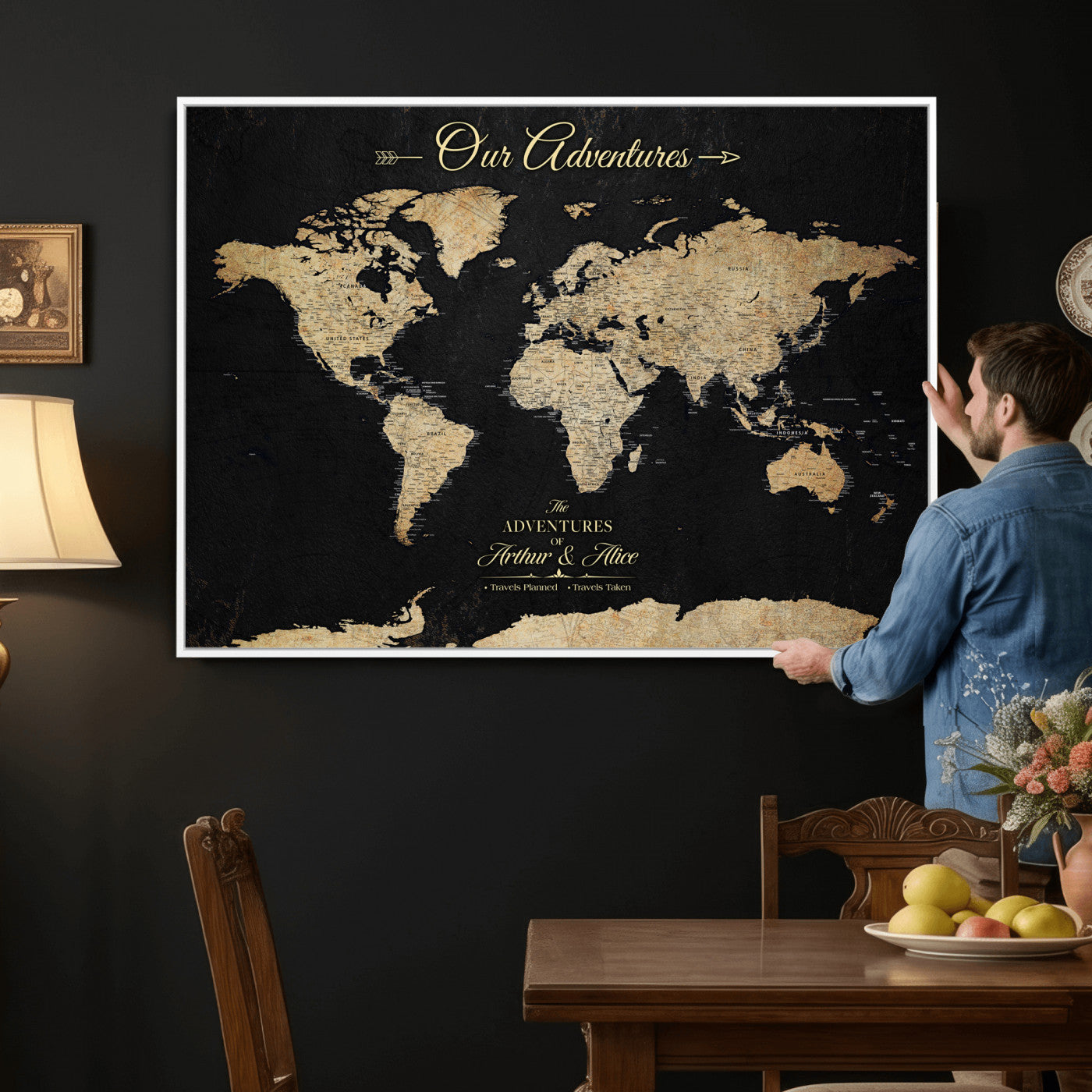 54638998-MGV-CV-36X24 - Custom Push Pin World Map Wall Art Canvas Print – Personalized Travel Tracker with Pins Framed Large for Home and Office Decor
