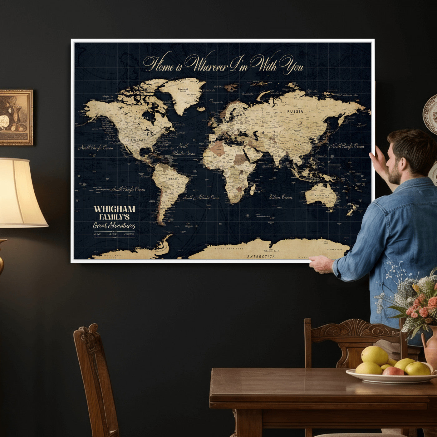 86888698-MGV-CV-36X24 - Custom Push Pin World Map Wall Art Canvas Print – Personalized Travel Tracker with Pins Framed Large for Home and Office Decor
