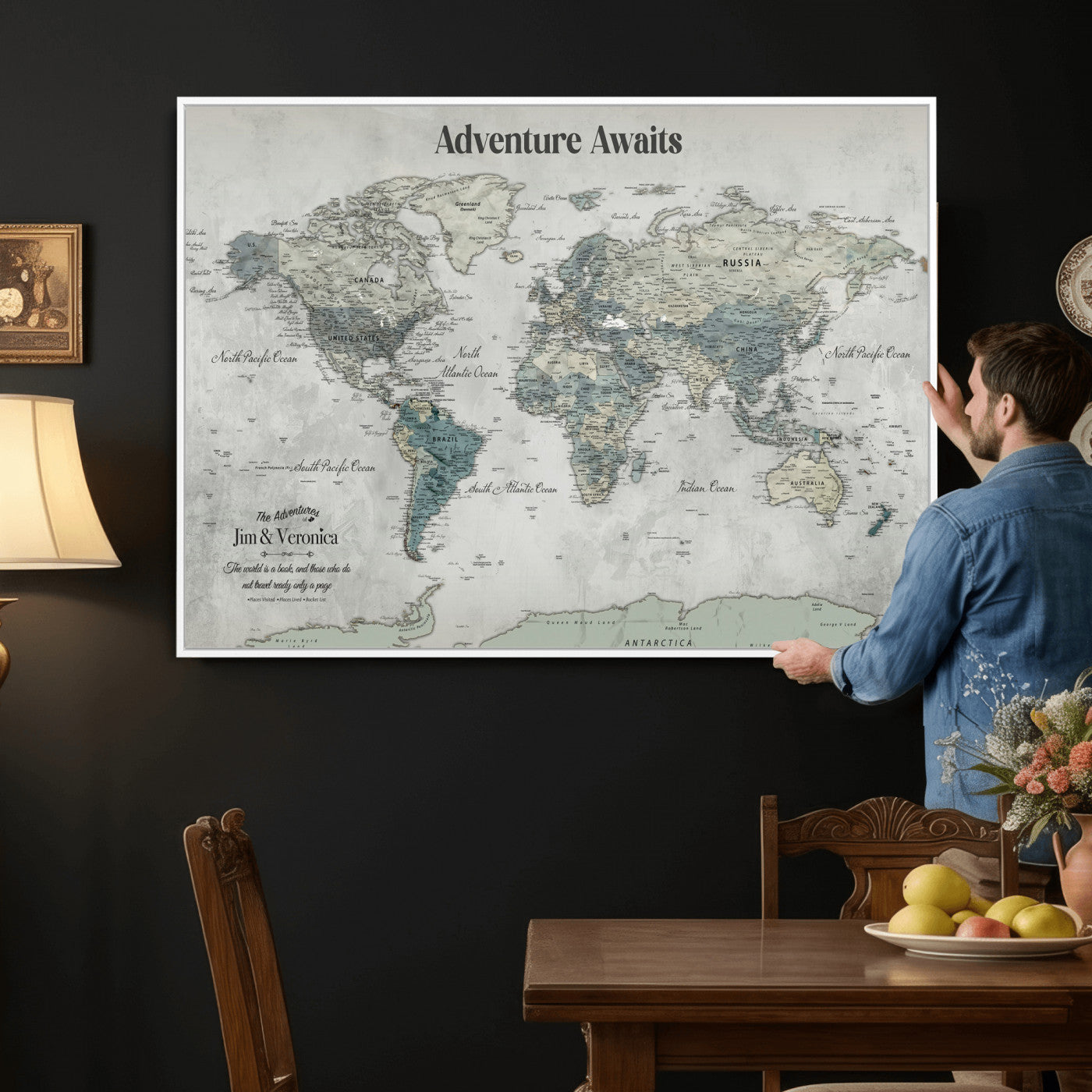 11945570-MGV-CV-36X24 - Custom Push Pin World Map Wall Art Canvas Print – Personalized Travel Tracker with Pins Framed Large for Home and Office Decor