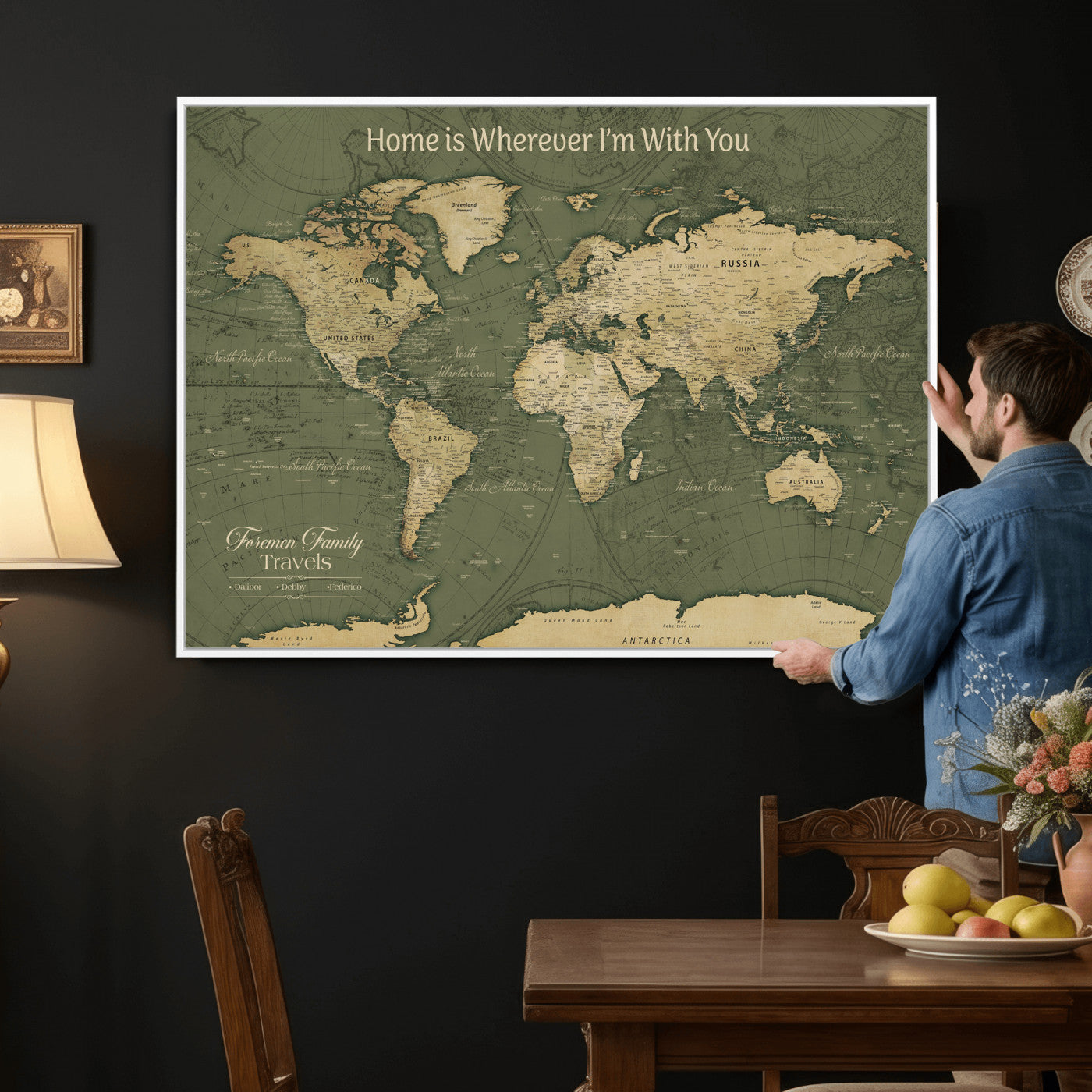 31715895-MGV-CV-36X24 - Custom Push Pin World Map Wall Art Canvas Print – Personalized Travel Tracker with Pins Framed Large for Home and Office Decor