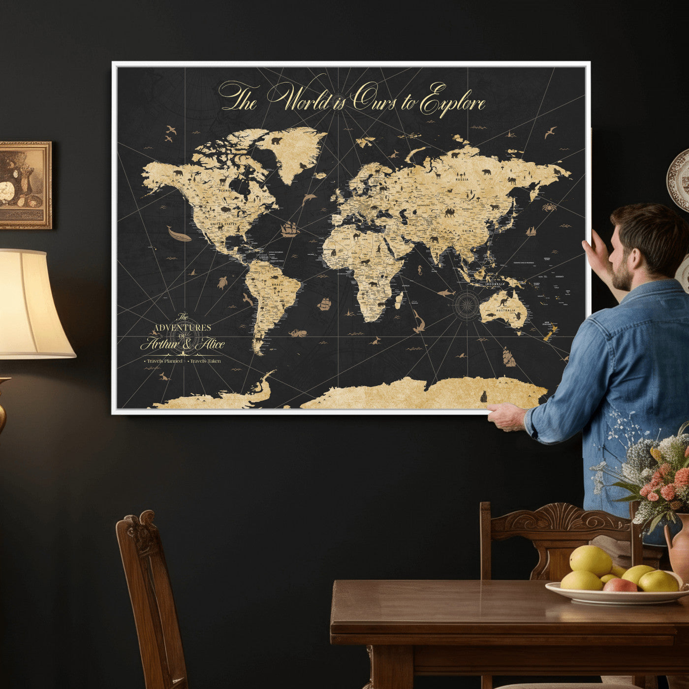 54097664-MGV-CV-36X24 - Custom Push Pin World Map Wall Art Canvas Print – Personalized Travel Tracker with Pins Framed Large for Home and Office Decor