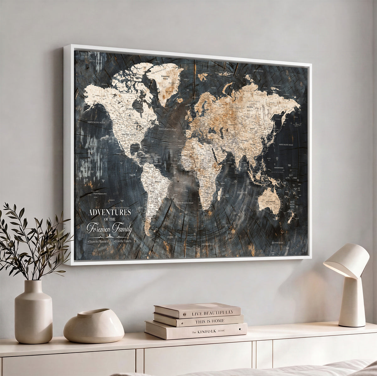 77865338-MGV-CV-36X24 - Personalized Framed Beige Push Pin World Map Canvas Print, Bucket List Map, Living Room and Hallway Decor
