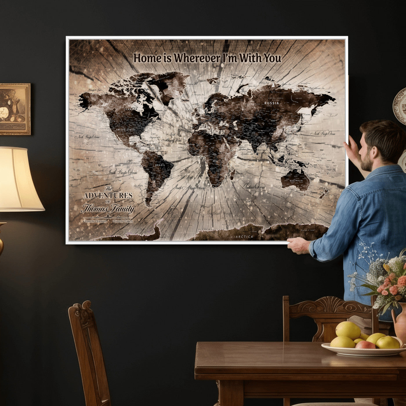 12350515-MGV-CV-36X24 - Custom Push Pin World Map Wall Art Canvas Print – Personalized Travel Tracker with Pins Framed Large for Home and Office Decor