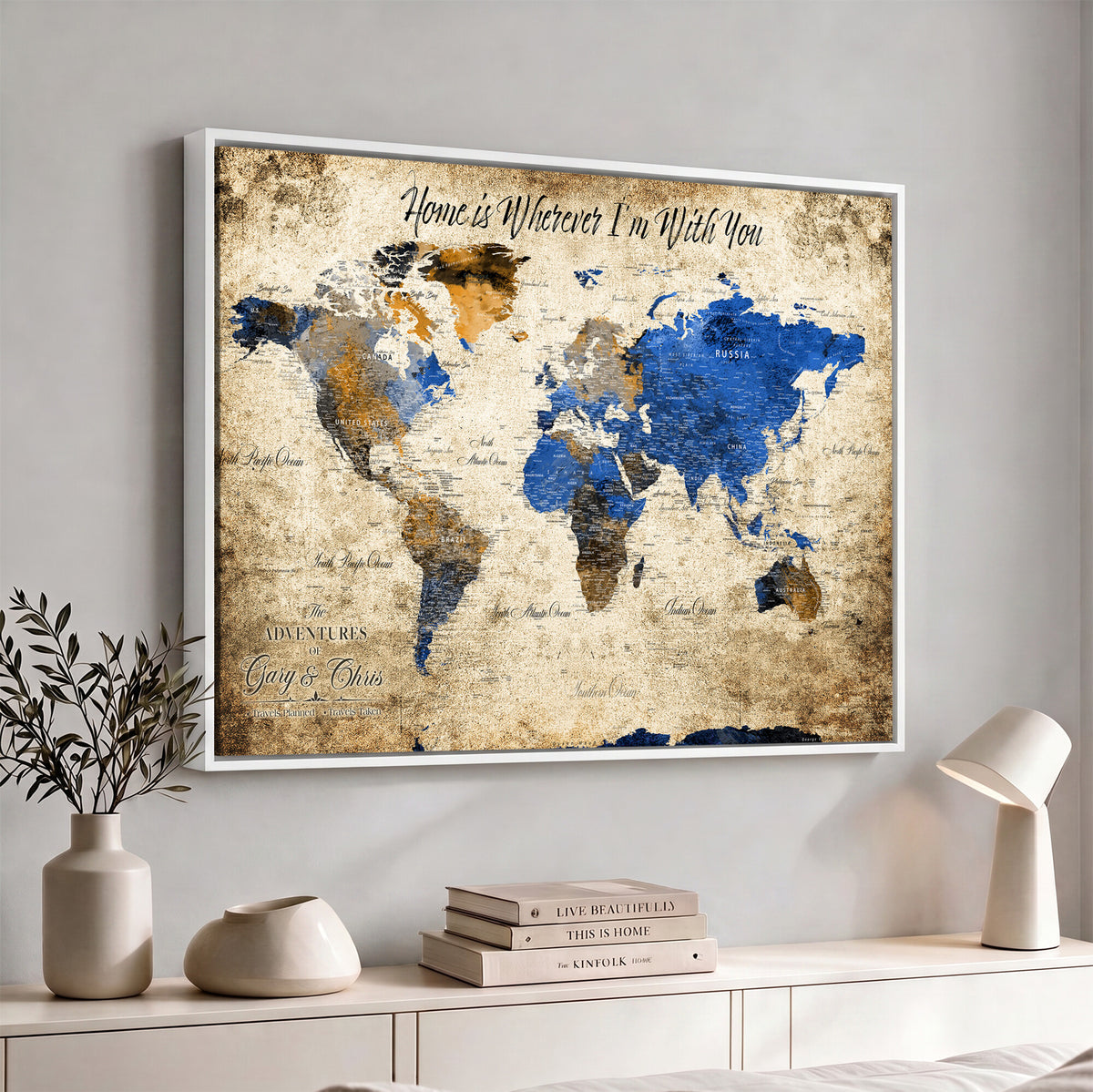 13332533-MGV-CV-36X24 - Personalized Framed Beige World Map Canvas with Push Pins, Honeymoon and Anniversary Gift, Living Room and Home Office Decor