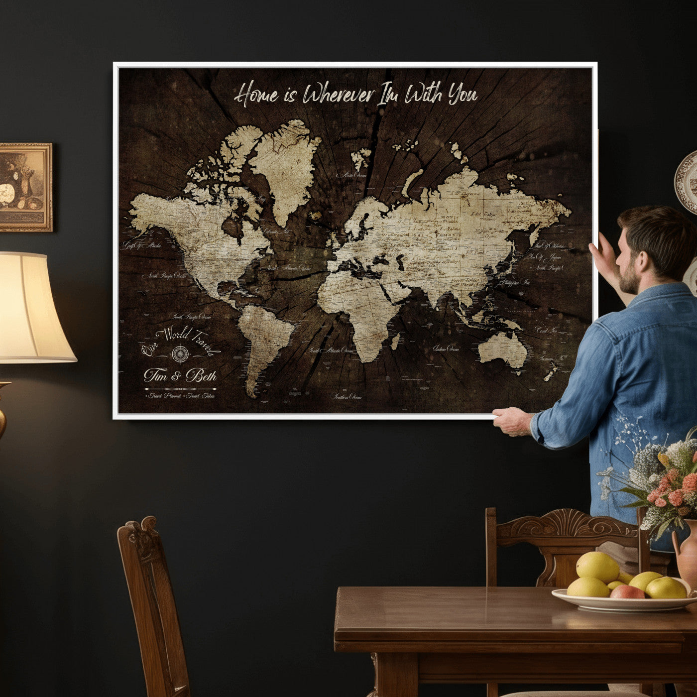 46573259-MGV-CV-36X24 - Custom Push Pin World Map Wall Art Canvas Print – Personalized Travel Tracker with Pins Framed Large for Home and Office Decor